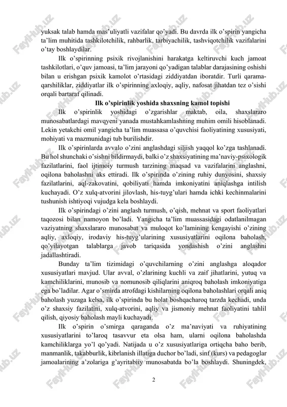 lash shakllanadi. hayotda o’z o’rnini topishga intilish kasb-hunar egallash, ixtisoslikni tanlash, istiqbol rejasini tuzish, kelajakka jiddiy munosabatda bo’lishni keltirib chiqaradi. biroq bu davr kuch-g’ayrat, shijoat, qahramonlik ko’rsatishga urinish, jamoat, jamiyat va tabiat hodisalariga romantik munosabatda bo’lish bilan boshqa yosh davrlaridan keskin farqlanadi. ayniqsa, turmush va o’qish faoliyatlarining yangicha shart-sharoitlari sinf (kurs) jamoasidagi o’zgacha vaziyat, ilk o’spirinlarning maxsus ta’lim tizimida egallagan yuqori mavqyei, jamoatchilik ishlarida tajriba orttirishlari ular oldiga yuksak talab hamda mas’uliyatli vazifalar qo’yadi. bu davrda ilk o’spirin yangicha ta’lim muhitida tashkilotchilik, rahbarlik, tarbiyachilik, tashviqotchilik vazifalarini o’tay boshlaydilar. ilk o’spirinning psixik rivojlanishini harakatga keltiruvchi kuch jamoat tashkilotlari, o’quv jamoasi, ta’lim jarayoni qo’yadigan talablar darajasining oshishi bilan u erishgan psixik kamolot o’rtasidagi ziddiyatdan iboratdir. turli qarama-qarshiliklar, ziddiyatlar ilk o’spirinning axloqiy, aqliy, nafosat jihatdan tez o’sishi orqali bartaraf qilinadi. ilk o’spirinlik yoshida shaxsning kamol topishi ilk o’spirinlik yoshidagi o’zgarishlar maktab, oila, shaxslararo munosabatlardagi mavqyeni yanada mustahkamlashning muhim omili hisoblanadi. lekin yetakchi omil …