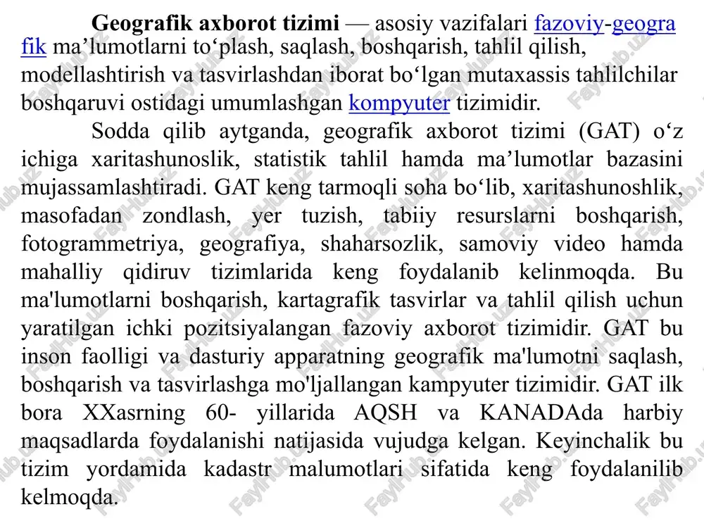 ografik jihatdan mos va aholiga qulay qilib joylashtirish jarayonida, yuk tashish bilan shugʻullanadigan korxonalar uchun yoʻl marshrutlari va jadvallarini tuzish hamda aniqlashda, avtomobil yoʻllarini quruvchi korxonalarga yangi trassa va yoʻllarni loyihalashda eng maqbul variantni tanlash paytida, shuningdek, davlat fondidagi yerlarni toʻgʻri va oqilona hisoblashda, fermerlar uchun yangi yerlarni oʻzlashtirishda, yerlarninig holatini aniqlash va ular toʻgʻrisida yetarli ma’lumot olishda juda qoʻl keladi. bugungi kunga kelib geoaxborot tizimlari haydovchilarga, piyodalarga sun’iy yoʻldoshlar bilan aloqa qilgan holda geofazoviy ma’lumotlar oʻrni toʻgʻrisidagi ma’lumotlarni qayta ishlash orqali turli marshrutlarni navigatsiya qilishda, eng yaqin, eng qulay yoʻllarni izlab topishda qulaylik tugʻdirmoqda. bir qarashda oddiy uyali telefonimiz orqali bunday ma’lumotlarni kartada bemalol olishimiz oson koʻrinadi, ammo bu qulaylik ortida geoaxborot tizimi qonunqoidalarini toʻgʻri qoʻllash kabi ishlar koʻlami yotadi. agar geoaxborot tizimini bundan 10 yillar oldin faqatgina aniq bir mutaxassislar guruhigina ishlatishi mumkin, degan qoidalar mavjud boʻlgan boʻlsa, bugungi kunga kelib internet tarmogʻidagi veb-portallar, turli navigatsiya tizimlari, uyali …