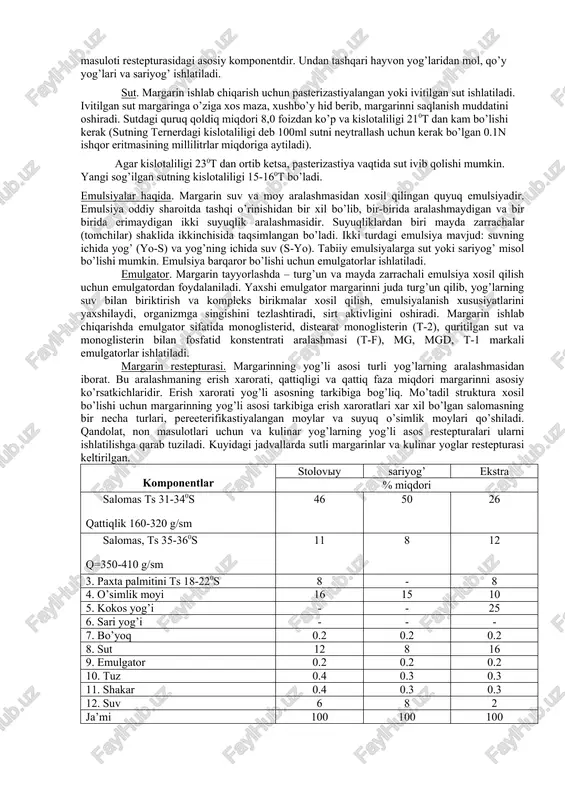 qarab margarinlar quyidagilarga bo’linadi: a) oshxona va markali (buterbrod) margarinlar b) sanoatda qayta ishlash va umum ovqatlanish tizimi uchun v) maza kirituvchi qo’shimchali margarinlar (yog’liligi 62% dan kam bo’lmasligi kerak). margarinlar qattiq, yumshoq va suyuq xolatda bo’lishi mumkin. yumshoq margarinlar buterbrod yog’i sifatida ishlatiladi. suyuq margarinlar non masulotlari, unli kandolat masulotlari ishlab chiqarish uchun foydalaniladi. maza kirituvchi moddalari bo’lgan margarinlar (shokoladli) tarkibida kakao-poroshok, ko’p miqdorda shakar bo’ladi va ular qandolat masulotlar tayyorlash uchun ishlatiladi. kulinar yog’lari quyidagi assortimentda ishlab chiqariladi: pechene, shokolad va vafli masulotlari uchun. bu yog’lar turli tarkibga ega bo’lib, quyidagi komponentlardan iborat: salomas, pereeterifikastiyalangan yog’, o’simlik moyi. ba’zi kulinar yog’lar tarkibiga: mol yog’lari ham qo’shiladi. non masulotlari uchun ishlatiladigan yog’lar fosfatid qo’shilib suyuq xolatda tayyorlanadi. margarin ishlab chiqarish uchun asosiy xomashyolar. margarin ishlab chiqarishning asosiy xomashyosi yog’ va sut hisoblanadi. yog’li xomashyo. asosiy xomashyo suyuq va gidrogenlangan (salomas) xoldagi o’simlik moyidir. kungaboqar, paxta va soya moylari keng …