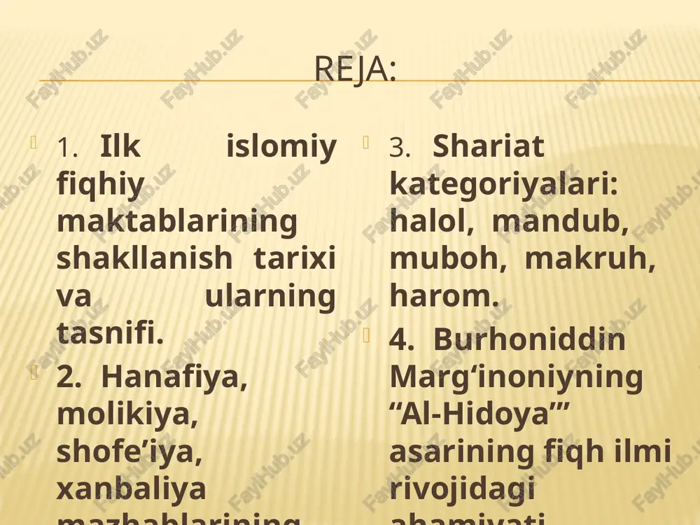 urgʼu berishgan. shofeiy – ijtihodni qiyos bilan tenglashtirilgan shaklda qoʼllash tarafdorlari boʼldilar. hanbaliy qurʼon va sunna yetarli darajada mukammal deb, ijtihodga ishonchsizlik bildirdi. abu mansur moturidiy oʼzining “taʼvilotul-qurʼon” asarida adashgan firqalarning soʼzlarini keltirib, ularni tahlil qilib, raddiya bergan. uning asl nusxasi hozirda kembridj universiteti qoʼlyozmalar fondida saqlanadi -allohning barcha sifatlari azaliydir va bu sifatlarning ibtidosi yoʻq -insonlar xudo bergan imkoniyatlar doirasida oʻz qarorlarini tanlashda erkindirlar. -banda oʼz amalini oʼzi sodir etadi va buning uchun jazo yoki mukofot oladi. -jannat va doʼzax avvaldan bor, ular hech qachon yoʼq boʼlmaydi ash’ariylik moturidiylikdan bir necha aqidaviy masalalarda farq qiladi. masalan, ash’ariylikda imon ziyoda va noqis bo‘ladi, deyiladi. moturidiylikda esa, imon ziyoda va noqis bo‘lmaydi, deyiladi. tarixchi ibn xaldun fiqhni ,,xudoning qonun-qoidalarini bilish boʻlib, ular qonunga boʻysunish bilan bogʻliq boʻlgan kishilarning talab (vojib), gunoh (harom), tavsiya etilgan (mandub), maʼqul boʻlmagan (makruh) yoki neytral (mubah) amallariga taalluqli boʻlgan amallari haqidadir deb taʼriflaydi image3.png image4.png image5.png …