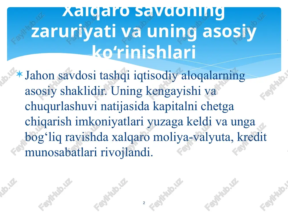ri keladi. tashqi savdo xalqaro ayirboshlashning an’anaviy shakli sifatida quyidagi ko‘rinishlarni o‘z ichiga oladi: 5 xalqaro savdo mahsulotlari, xizmatlar va fan-texnika ma’lumotlarini ayirboshlashning barcha ko‘rinishlari tashqi savdo operatsiyalari yordamida amalga oshiriladi. ular o‘z navbatida eksport, import, reeksport va reimport operatsiyalariga bo‘linadi. eksport operatsiyasi - mahsulotlarni chet mamlakatlarga chiqarish. import operatsiyasi - mahsulotni xorijiy sherikdan sotib olish va uni mamlakatga olib kelish. reeksport operatsiyasi - avval import qilingan va qayta ishlov berilmagan mahsulotni chet elga olib chiqib sotish. reimport operatsiyasi - avval eksport qilingan va u yerda qayta ishlov berilmagan mahsulotni chet elda sotib olish va mamlakatga olib kelish. 6 bu nazariyaga ko‘ra har bir mamlakat undagi mavjud sharoitlar va resurslar o‘ziga xosligiga tayangan holda ma’lum bir tovarni eng kam xarajatlar hisobiga (yoki vaqt birligida bu tovarni eng ko‘p) ishlab chiqirish imkoniyatiga ega. shunday ekan mamlakat mutlaq ustunlikka ega bo‘lgan tovar ishlab chiqarishga ixtisoslashadi va ushbu tovarning o‘z iste’molidan ortiqcha qismini …