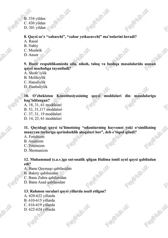 da 14. qaysi so’z lotincha – «aql bovar qilmas darajada», «haddan oshish» degan ma’nolarni anglatadi? a. terrorizm b. ekstremizm c. mutaassiblik d. aqidaparastlik 15. islom dini arkonlaridan qaysi biri «poklash» ma’nosini bildiradi ? a. haj b. ro’za c. zakot d. namoz 16. «xorazm faxri» nomi bilan ulug’langan mutafakkir alloma kim?. a. zamaxshariy b. abu mansur moturidiy c. burxoniddin marg’inoniy d. imom buxoriy 17. quyidagilar orasidan qaysilari yakkaxudolik dinlari hisoblanadi? a. islom, konfutsiylik b. hinduiylik, konfutsiylik c. yahudiylik, islom d. zardushtiylik, hinduiylik 18. inson huquqlari umumjahon deklaratsiyasi qachon qabul qilingan? a. 1948 b. 1941 c. 1945 d. 1943 19. “al-adab al-mufrad” asarining muallifi nomini aniqlang? a. imom dorimiy b. imom at-termiziy c. imom nasafiy d. imom ismoil buxoriy 20. marg’iloniyning “hidoya” asarining ma’nosi nima? a. “haqqa eltuvchi yo’l” b. “to’g’ri yo’l” c. “kerakli o’git” d. “ma’nolar xazinasi” 21. buddaviylikning jahon buddistlari qardoshligi tashkiloti qachon tuzilgan? a. 1990 b. 1850 c. 1950 …