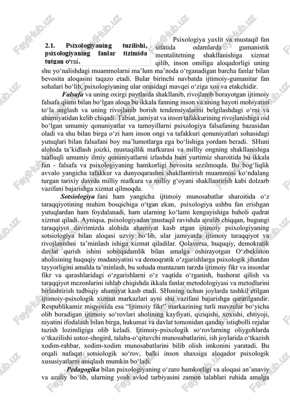 iy bo‘lib, ular jamiyatda ijtimoiy taraqqiyot va rivojlanishni ta’minlash ishiga xizmat qiladilar. qolaversa, huquqiy, demokratik davlat qurish ishini sobitqadamlik bilan amalga oshirayotgan o‘zbekiston aholisining huquqiy madaniyatini va demoqratik o‘zgarishlarga psixologik jihatdan tayyorligini amalda ta’minlash, bu sohada muntazam tarzda ijtimoiy fikr va insonlar fikr va qarashlaridagi o‘zgarishlarni o‘z vaqtida o‘rganish, bashorat qilish va taraqqiyot mezonlarini ishlab chiqishda ikkala fanlar metodologiyasi va metodlarini birlashtirish tadbiqiy ahamiyat kasb etadi. shuning uchun joylarda tashkil etilgan ijtimoiy-psixologik xizmat markazlari ayni shu vazifani bajarishga qaratilgandir. respublikamiz miqyosida esa “ijtimoiy fikr” markazining turli mavzular bo‘yicha olib boradigan ijtimoiy so‘rovlari aholining kayfiyati, qiziqishi, xoxishi, ehtiyoji, niyatini ifodalash bilan birga, hukumat va davlat tomonidan qanday istiqbolli rejalar tuzish lozimligiga olib keladi. ijtimoiy-psixologik so‘rovlarning oliygohlarda o‘tkazilishi ustoz-shogird, talaba-o‘qituvchi munosabatlarini, ish joylarida o‘tkazish xodim-rahbar, xodim-xodim munosabatlarini bilib olish imkonini yaratadi. bu orqali nafaqat sotsiologik so‘rov, balki inson shaxsiga aloqador psixologik xususiyatlarni aniqlash mumkin bo‘ladi. pedagogika bilan psixologiyaning o‘zaro hamkorligi va aloqasi …
