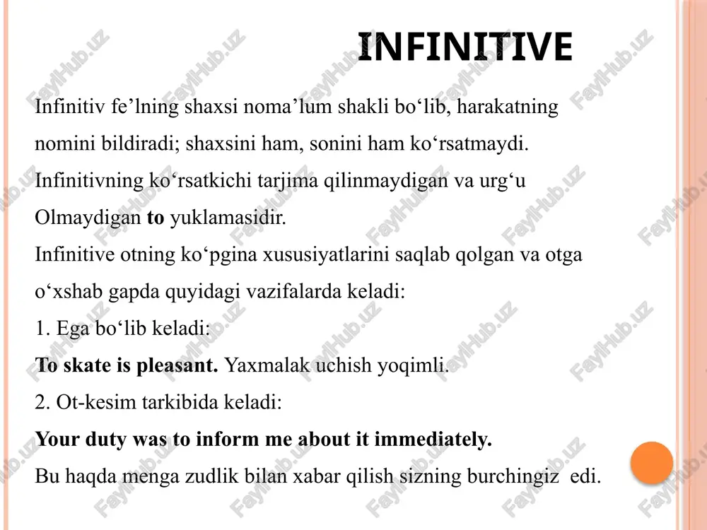 to have been – va asosiy fe’lning past participle shakli yordamida yasaladi: to have been asked. 7. infinitive oldiga not yuklamasini qo‘yish bilan infinitivning bo‘lishsiz shakli yasaladi: not to ask, not to be asked. active passive simple to ask to be asked continuous to be asking — perfect to have asked to have been asked perfect continuous to have been asking — active infinitive infinitiv ifodalagan ish-harakat o‘sha infinitiv qarashli bo‘lgan shaxs yoki buyum tomonidan sodir etilsa, active infinitive ishlatiladi: he has a great desire to invite you to the party. u sizni kechaga taklif qilishni juda istaydi. i want to inform tom of bill’s arrival. men tomni billning kelganidan xabardor qilishni istayman. passive infinitive infinitiv ifodalagan ish-harakat o‘sha infinitiv qarashli bo‘lgan shaxs yoki buyumga nisbatan (boshqalar tomonidan) sodir etilsa, passive infinitive ishlatiladi: he has a great desire to be invited to the party. u o‘zini ziyofatga (kechaga) taklif qilishlarini …