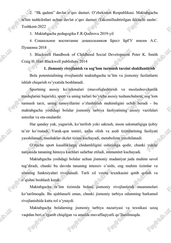 tarzini shakllantirish bola potentsialining rivojlanishi maktabgacha ta’lim va jismoniy fazilatlarni ishlab chiqarish ro’yxatida boshlanadi. sportning asosiy ko’nikmalari (muvofiqlashtirish va moslashuvchanlik mashqlarini bajarish), sport va uning turlari bo’yicha asosiy tushunchalarni, sog’lom turmush tarzi, uning tamoyillarini o’zlashtirish muhimligini ochib beradi - bu maktabgacha yoshdagi bolalar jismoniy tarbiya faoliyatining asosiy vazifalari ustozlar va ota-onalardir. har qanday yuk, yugurish, ko’tarilish yoki sakrash, inson salomatligiga ijobiy ta’sir ko’rsatadi. yurak-qon tomiri, nafas olish va asab tizimlarining faoliyati yaxshilanadi, mushaklar-skelet tizimi kuchayadi, metabolizm yaxshilanadi. o’rtacha sport kasalliklarga chidamliligini oshirishga qodir, chunki yuklar natijasida tananing himoya kuchlari safarbar etiladi, immunitet kuchayadi. maktabgacha yoshdagi bolalar uchun jismoniy madaniyat juda muhim savol tug’diradi, chunki bu davrda tananing intensiv o’sishi, eng muhim tizimlar va ularning funktsiyalari rivojlanadi. turli xil vosita texnikasini qotib qolish va o’qishni boshlash kerak. maktabgacha ta’lim tizimida bolani jismoniy rivojlantirish muammolari ko’tarilmoqda. bu ajablanarli emas, chunki jismoniy tarbiya odamning barkamol rivojlanishida katta rol o’ynaydi. maktabgacha bolalarning jismoniy tarbiya …