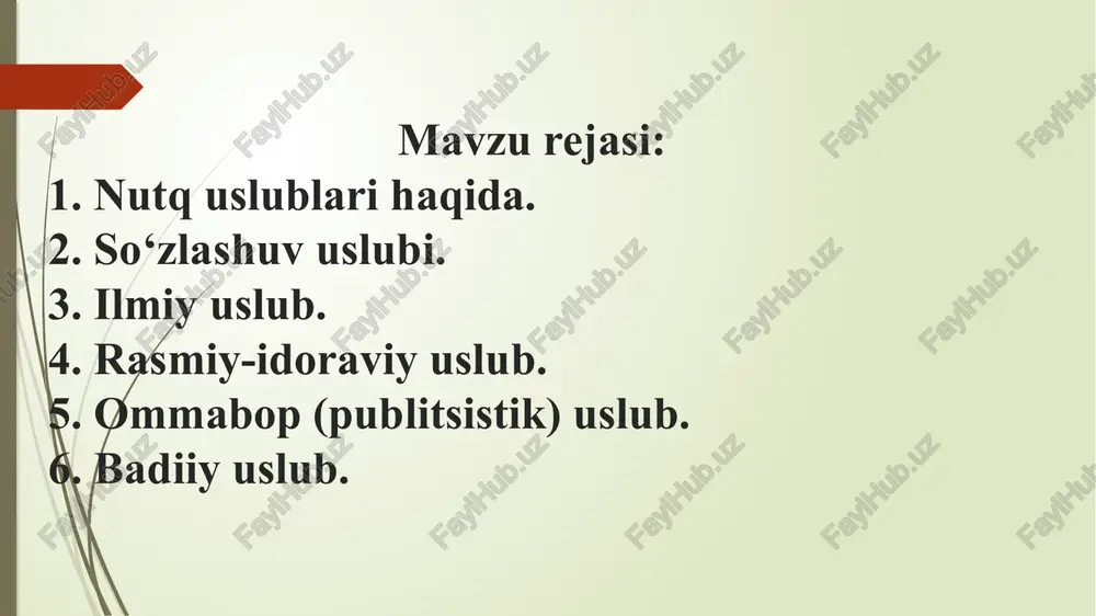 so‘z turkumi; b) sintaktik vositalar: gap bo‘laklari, ritorik so‘roq gaplar, undalma, kirish so‘z, kirish birikma, sodda va qo‘shma gaplar, ko‘`chirma va o‘zlashtirma gaplar. so‘zlashuv uslubi bu uslub keng qo‘llanadigan uslublardan biridir. oilada, ko‘cha-ko‘yda kishilarning fikr almashishi jaroyonida qo‘llanalidigan uslub so‘zlashuv uslubi deb ataladi. bu uslubning adabiy til me’yorlariga rioya qiladigan ko‘rinishi adabiy so‘`zlashuv uslubi deb yuritilsa, bunday me’yorlarga rioya qilmaydigan ko‘rinishi oddiy so‘zlashuv uslubi deyiladi. so‘zlashuv uslubining har ikki turi ko‘pincha dialogik shaklda ro‘yobga chiqadi. ikki yoki undan ortiq shaxsning luqmasidan tuzilgan nutq dialogik nutq deyiladi. so‘zlashuv uslubida ko‘pincha turli uslubiy bo‘yoqdor so‘zlar, grammatik vositalar, tovushlar tushib qolishi, tovush orttirilishi mumkin: kep qoling! obbo, hamma ishni do‘ndiribsiz-da. mazza qildik. oyijooon! kelinlaruuuv! huuuv! so‘zlashuv uslubida gapdagi so‘zlar tartibi ancha erkin bo‘ladi, piching, qochiriqlar, kinoyalar ko‘plab ishlatiladi: badbaxt fitna! qo‘yasanmi – qo‘ymaysanmi axir? bu uslubda ko‘proq sodda gaplar, to‘liqsiz gaplar, undalmali gaplardan foydalaniladi. ilmiy uslub daliliy ma’lumotlar asosida chiqarilgan ilmiy xulosalarga asoslanuvchi, …