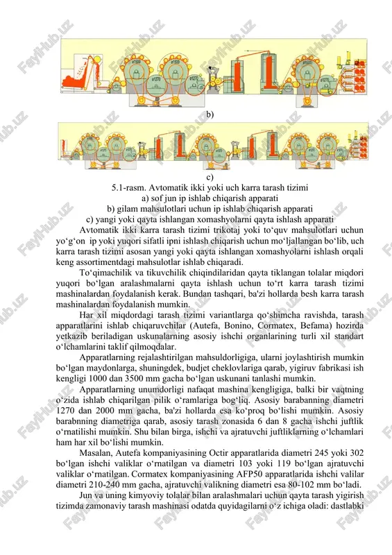 shlab chiqarish apparati b) gilam mahsulotlari uchun ip ishlab chiqarish apparati c) yangi yoki qayta ishlangan xomashyolarni qayta ishlash apparati avtomatik ikki karra tarash tizimi trikotaj yoki to‘quv mahsulotlari uchun yo‘g‘on ip yoki yuqori sifatli ipni ishlash chiqarish uchun mo‘ljallangan bo‘lib, uch karra tarash tizimi asosan yangi yoki qayta ishlangan xomashyolarni ishlash orqali keng assortimentdagi mahsulotlar ishlab chiqaradi. to‘qimachilik va tikuvchilik chiqindilaridan qayta tiklangan tolalar miqdori yuqori bo‘lgan aralashmalarni qayta ishlash uchun to‘rt karra tarash tizimi mashinalardan foydalanish kerak. bundan tashqari, ba'zi hollarda besh karra tarash mashinalardan foydalanish mumkin. har xil miqdordagi tarash tizimi variantlarga qo‘shimcha ravishda, tarash apparatlarini ishlab chiqaruvchilar (autefa, bonino, cormatex, befama) hozirda yetkazib beriladigan uskunalarning asosiy ishchi organlarining turli xil standart o‘lchamlarini taklif qilmoqdalar. apparatlarning rejalashtirilgan mahsuldorligiga, ularni joylashtirish mumkin bo‘lgan maydonlarga, shuningdek, budjet cheklovlariga qarab, yigiruv fabrikasi ish kengligi 1000 dan 3500 mm gacha bo‘lgan uskunani tanlashi mumkin. apparatlarning unumdorligi nafaqat mashina kengligiga, balki bir …