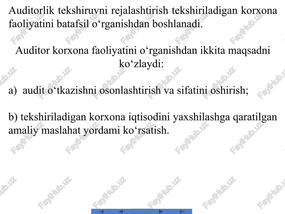 uditning roli va funksiyalari; boshqaruvning tashkiliy tuzilmasi; yuqori mansabdor shaxslar majburiyatlari va javobgarliklarini chegaralash; boshqaruv qarorlarini, shu jumladan buxgalterlik hiso-bini tashkil etish va yuritish sohasidagi qarorlarni qabul qilish uchun asos bo‘lib xizmat qiladigan ma’lumotlar manbalari; rahbariyatning ish haqini belgilaydigan omillar; korxonani, uning buxgalterlik tizimini, o‘tkaziladigan auditorlik tekshiruvlari va uning natijalari bo‘yicha rahbariyatning rejalari va kutilayotgan natijalari. № 1 - «hisob siyosati va moliyaviy hisobot» nomli o‘zbekiston respublikasi buxgalteriya hisobi milliy standartiga muvofiq hisob siyosati xo‘jalik yurituvchi sub’yekt rahbari tomonidan buxgalteriya hisobini yuritish va moliyaviy hisobotni tayyorlash hamda tuzish uchun foydalaniladigan maxsus tamoyillar, qoidalar va amaliy yondashuvlar to‘plamini ifodalaydi. hisob siyosatining mazmunini ifodalaydigan ma’lumot manbalari quyidagilardan iborat: tekshiriladigan korxonaning hisob siyosati to‘g‘risidagi buyruq (farmoyish); buxgalteriya hisobining ishchi schyotlar rejasi; tasdiqlangan dastlabki hujjatlar shakllari va ichki buxgalteriya hisobotlari uchun hujjatlar shakllarining ro‘yxati; hujjatlar aylanish reja-grafigi va hisob axborotlariga ishlov berish texnologiyalari; ayrim ko‘rsatkichlarni hisobga olish bo‘yicha tasdiqlangan uslubiyot va tekshiriladigan korxona hisob …