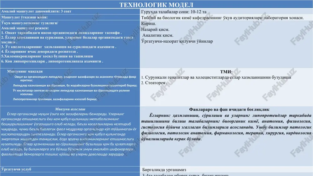 'lajak umum amaliyot shifokorlari faoliyatida bemorlarga tashxis qo'yish va ularni davolashda zarurdir fanlararo va fan ichidagi bog'liqlik yog'larning hazmlanishi, so'rilishi va ularning lipoproteidlar tarkibida tashilishini bilish talabalarning bioorganik kimyo, anatomiya, fiziologiya, gistologiya bo'yicha egallagan bilimlariga asoslanadi. ushbu bilimlar patologik fiziologiya, patologik anatomiya, farmakologiya, terapiya, xirurgiya, kardiologiya yo'nalishlarida kerak bo'ladi. o'rgatuvchi uslub birgalikda urganamiz 3-4ta talabadan iborat gurux bilan ishlash o'rgatuvchi manba o'quv qo'llanma, o'quv materiallari, przentatsiya slaydlari, tarqatma materiallar usul va manbaning qayta bog'liqligi nazorat, yaqindan savol javob, test sinovi, prezentatsiya, baxolash. ko'rib chiqiladigan savollar ovqat tarkibidagi va inson organizmdagi lipidlar tasnifi, qurilishi va ularni organizmdagi ahamiyati. yog'larning hazmlanishi va so'rilishi, ularni bolalar organizmidagi o'ziga xosligi. o't kislotalari, ularning yog'larni hazmlanish va so'rilishidagi ahamiyati. yog'larni ichak devoridagi resintezi. xilomikronlarning hosil bo'lishi va tashilishi. qon lipoproteinlari, lipoproteinlipazaning ahamiyati. kirish. ovkat va organizmdagi lipidlar tasnifi va vazifalari lipidlar – suvda erimaydigan, ammo organik erituvchilarda eruvchan, kimyoviy tuzilishi jihatidan xilma-xil bo'lgan birikmalardir. lipidlar …