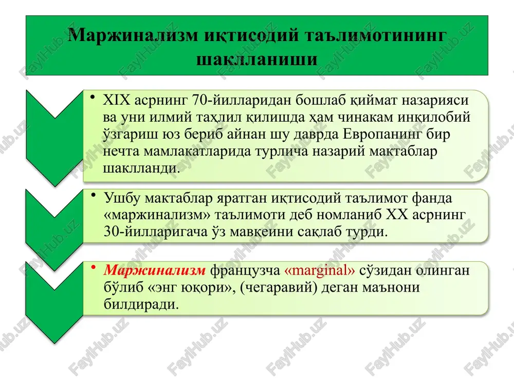 isalarning o'zgarishiga bog'liqligini ifoda-lovchi, yangi g'oya — me'yorli (max yoki min) miqdor bilan tushuntiriladi. asosiy e'tibor ishlab chiqarish va taklifni o'rganishga qaratilgan klassik iqtisodiy nazariya-dan farqli marji-nalistlar iste'mol va talabni tahlil qildilar. marjinalizm metodologiyasi ishlab chiqaruvchi tovar ishlab chiqarganda turli resurslardan har birining me'yorli foydaliligiga baho bergan holda eng keraklisini tanlaydi. iste'molchi o'zining cheklangan daromadlarini ehtiyojlarni ko'proq qondiradigan qilib tovarlar sotib olishga taqsimlaydi. marjinalizm markazida o'z foydasini maksimallashtiruvchi ishlab chiqaruvchi va xarid qilingan ne'matlardan maksimal foydalilik olishga intiluvchi alohida iste'molchi turadi. qimmat marshall kresti elastik talab me'yorli foydalilik sub'ektiv psixologik sub'ektiv baholash ishlab chiqarish harajatlari marjinalizm gossen qonuni elastik taklif 8 marjinalizm iqtisodiy ta'limotining shakllanishi, umumiy ta'rifi 9 k.menger (1840-1921) avstriya maktabining asoschisi sub'ektiv-psixologik maktabning asosiy nazariyasiga aylantirdi evgeniy bem-baverk (1851-1914) avstriya maktabi nazariyasini ishlab chiqqan fridrix vizer (1851-1926) avstriya maktabi nazariyasini ishlab chiqqan avstriya maktabi va uning xususiyatlari avstriya maktabi namoyondalari va ularning nazariyalari 10 k.menger (1840-1921) «siyosiy iqtisod …