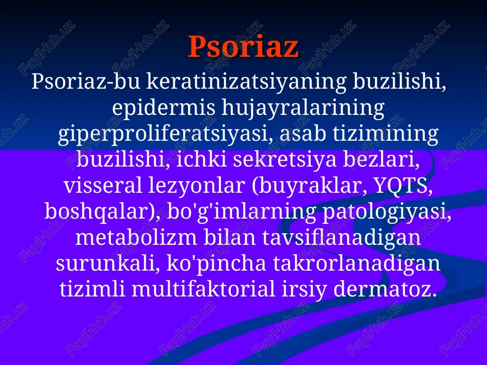 . statsionar: immunoterapiya, vitaminlar, mikrosirkulyatsiyani yaxshilaydigan dorilar, tashqi, fototerapiya. regressiyada: rezorbsiya qiluvchi dorilar, mahalliy terapiya re-puva terapiyasi-puva terapiyasining kombinatsiyasi aromatik retinoidlar ubn manbalaridan foydalanish, terapevtik spektri 280-400 nm oralig'ida; - selektiv fototerapiya- (ubn nurlanishi c 280-320 nm oralig'ida); - fotokimyoterapiya yoki puva terapiyasi – 320-400 diapazonli uv-a nurlanishidan foydalaniladi nm fotosensitizatorlar bilan birgalikda sun'iy fototerapiya krasniy ploskiy lishay krasniy ploskiy lishay – bu surunkali dermatoz bo'lib, teri va shilliq pardalarning klinik polimorfizmi bilan tavsiflanadi, lekin ko'pincha o'ziga xos papulyar toshmalar. bu faqat sindrom bo'lishi mumkin. krasniy ploskiy lishay etiologiya-multifaktorial (genetik nuqsonlar, yuqumli, neyrogen, toksik-allergik, immunologik nazariyalar) patogenez: ichki organlarning turli patologiyalari bilan bog'liqlik. klinik kechishi terida papula klinik ko’rinishlari tekis: papulalar tekis shaklda bo‘ladi. poligon shakli: papulalar ko‘p burchakli shaklda. qizil-purpur rang: papulalar fiolet rangda yoki qizil rangda bo‘ladi. zudli: papulalar juda ko‘p itchiydi. markazida cho‘kma: papulalarda markazida kirish joyi bor. bilak va tizzalar: papulalar ko‘pincha bilaklar va tizzalarda ko‘rinadi. …