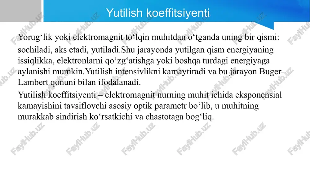kning muhitdan o‘tishda asta-sekin susayishini o‘rgandi. u "optique sur la gradation de la lumière" nomli asarida yorug‘lik intensivligi muhit qalinligiga bog‘liqligini yozdi. keyinroq, 1760-yilda olmon matematigi va fizigi yogann genrix lambert (johann heinrich lambert) bu fikrni matematik shaklda ifodaladi va bugungi kunda buger–lambert qonuni deb ataladigan ko‘rinishga keltirdi. 1852-yilda esa avstriyalik olim avgust beer (august beer) uni eritmalarga qo‘llab, kontsentratsiya bilan bog‘ladi. shundan keyin u beer–lambert qonuni nomi bilan mashhur bo‘lib ketdi. 1729-yilda yorug‘likning susayishi qonunini (keyinchalik lambert bilan birgalikda buger–lambert qonuni) kashf qildi. fotometriya asoschisi sifatida tanilgan (yorug‘lik intensivligini o‘lchash usullarini yaratgan). "optique sur la gradation de la lumière" nomli kitob yozgan, unda yorug‘lik intensivligining muhit qalinligiga bog‘liqligini ko‘rsatgan. u shuningdek dengiz navigatsiyasi va geodeziya bilan ham shug‘ullangan. . bu qonun yorug‘likning muhitdan o‘tayotganda susayishini o‘lchash uchun kerak bo‘lgan. uning ahamiyati: yorug‘lik muhitdan o‘tganda qanchalik kamayishini aniqlash, eritmalar kontsentratsiyasini aniqlash (spektroskopiyada), optik filtrlash jarayonlarini tushuntirish, fizika, kimyo, biologiyada o‘lchovlar …