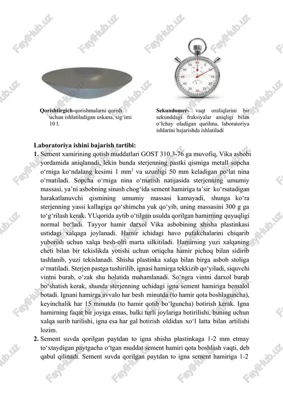 ir tekislikda yotishi uchun ortiqcha hamir pichoq bilan sidirib tashlanib, yuzi tekislanadi. shisha plastinka xalqa bilan birga asbob stoliga o‘rnatiladi. sterjen pastga tushirilib, ignasi hamirga tekkizib qo‘yiladi, siquvchi vintni burab, o‘zak shu holatida mahamlanadi. so‘ngra vintni darxol burab bo‘shatish kerak, shunda sterjenning uchidagi igna sement hamiriga bemalol botadi. ignani hamirga avvalo har besh minutda (to hamir qota boshlaguncha), keyinchalik har 15 minutda (to hamir qotib bo‘lguncha) botirish kerak. igna hamirning faqat bir joyiga emas, balki turli joylariga botirilishi, buning uchun xalqa surib turilishi, igna esa har gal botirish oldidan xo‘l latta bilan artilishi lozim. 2. sement suvda qorilgan paytdan to igna shisha plastinkaga 1-2 mm etmay to‘xtaydigan paytgacha o‘tgan muddat sement hamiri qota boshlash vaqti, deb qabul qilinadi. sement suvda qorilgan paytdan to igna sement hamiriga 1-2 mm dan sal ko‘proq botgan paytgacha muayyan vaqt o‘tadi, ana shu vaqt mobaynida hamir obdon qotadi. portlandsement, mineral qo‘shimchali portlandsement, toshqol portlandsement va …
