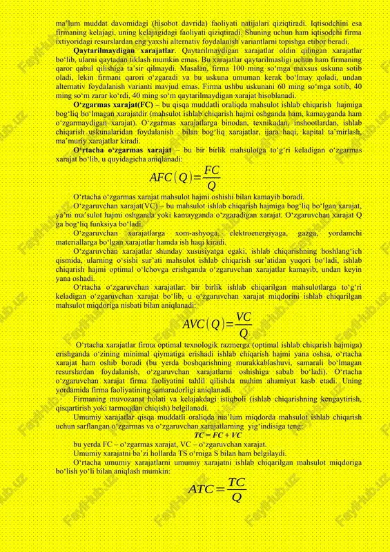 og‘liq bulgan xarajatlarning puldagi ifodasi mahsulot ishlab chiqarish tannarxi deb ataladi. maxsulot ishlab chiqarish tannarxi ko‘rsatkichi ishlab chiqarishni rivojlantirishda va uni tashkil etishda muxim rol o‘ynaydi. mahsulot ishlab chiqarish tannarxini pasaytirish ishlab chiqarish rentabelligini oshirish, ya’ni foydani ko‘paytirishning, mavjud resurslar bilan ishlab chiqarish hajmini o‘stirishning muxim omili hisoblanadi. mahsulot ishlab chiqarish tannarxi ko‘rsatkichi ishlab chiqarish sifat ko‘rsatkichlari orasida alohida o‘rin tutadi. ishlab chiqarishni va mehnatni tashkil etish, texnika va materiallardan foydalanish, moddiy-texnika ta’minotini takomillashtirish, maxsulot sifatini yaxshilash borasidagi hamma o‘zgarishlar xarajatlar darajasida aks etadi. shu sababli ham biz mahsulot tannarxi ishlab chiqarish samaradorligining sifat ko‘rsatkichlari tizimida muxim urin egallaydi, deya olamiz. binobarin, shuning uchun ham mahsulot ishlab chiqarish tannarxini xosil qiluvchi xarajatlarni ularning iqtisodiy mazmuniga ko‘ra guruhlash muhim ahamiyat kasb etadi. har qanday firmaning asosiy maqsadi foydani maksimallashtirishdan iboratdir. umumiy holda foyda yalpi daromaddan umumiy xarajatlarni ayirish orqali topiladi. bunda, r-foyda; tr – umumiy daromad; ts-umumiy xarajat. xarajatlar korxonaga nisbatan …