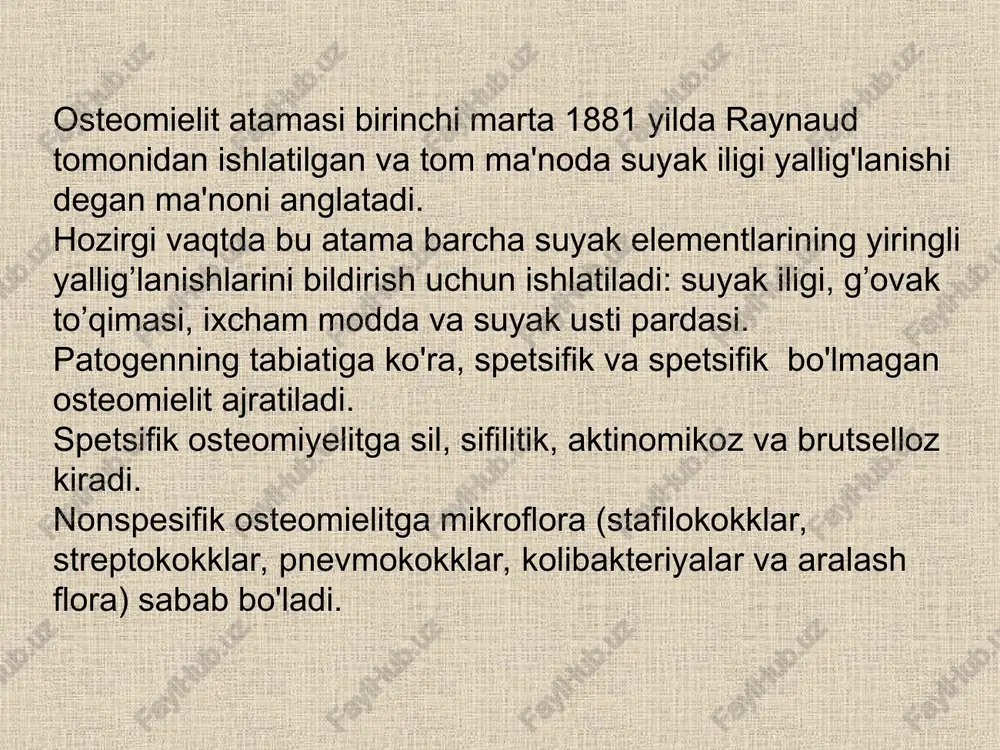 , leykotsitoz 11-20 mingga etadi, formulada chapga siljish, anemiya mavjud. kasallik o'tkir boshlanadi, ba'zida 1-2 kun ichida bezovtalik, suyak va bo'g'imlarda og'riq paydo bo'lishi mumkin. ikkinchi yoki uchinchi kuni harorat 39-40 ° gacha ko'tariladi, zararlangan a'zoda og'riq kuchayadi. tekshiruvda terining shishi, shishi va giperemiyasiga e'tibor bering. palpatsiyada og'riq, mahalliy gipertermiya, yumshoq to'qimalarning qattiqligi qayd etiladi. gematogen osteomiyelit ko'pincha bolalar va o'smirlarda rivojlanadi, ammo har qanday yoshda ham rivojlanishi mumkin. erkaklar ayollarga qaraganda 2-3 marta tez-tez kasal bo'lishadi. jarayon skeletning istalgan qismida lokalizatsiya qilinishi mumkin, ammo ko'pincha uzun naysimon suyaklar uchraydi (84% hollarda). son suyagi va katta boldir suyagi ko'pincha zararlanadi, keyin yelka suyagi, kichik boldir suyagi va kamroq kalta naysimon suyaklar zararlanishi mumkin. uzun naysimon suyaklarda jarayon odatda metafizda boshlanadi. gematogen osteomielitning rentgenologik diagnostikasi kechiktiriladi, chunki rentgen nurlari o'zgarishlarining hajmi har doim haqiqiy halokatli jarayondan kamroq bo'ladi. o'tkir gematogen osteomielitning dastlabki belgilari kasallikning boshlanishidan 8-15 kun o'tgach aniqlanishi mumkin. periostit …