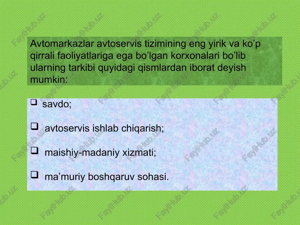 xtiyot qismlar savdosi do’koni sotiladigan avtomobillar sotiladigan extiyot qismlar ombori avtom. xaydovchilari va ombor ishchilari qabul qilish va egasiga qaytarish uchastkasi diagnostika tx va ta’mirlash uchastkalari agregat va detallarni ta’mirlovchi ustaxonalar kuzovlarni ta’mirlash va bo’yash uchastkasi texnologik jixozlar va kom- munikatsiya xizmati xodimlari extiyot qism va materiallar ombori xizmat transporti ombor ishchilari moliya xisobot kassa xodimlari atxks tashkiliy tuzulishi tarkibiy qismi ham asosan uch xil tizimlardan iboratdir : savdo; texnik xizmat; moddiy-texnika ta’minoti. 2-rasm. janubiy koreya va yaponiya avtomobil kompaniyalarining firma usulida xizmat kursatuvchi avtomarkazlarning tarkibi va tashkiliy tuzilishlari sxemasi. distribyuter ma’muriy bo’lim avtomobillar sotish bo’limi extiyot qismlar bo’limi avtomobillarga xizmat ko’rsatish bo ‘limi avtomobillarga tx ko’rsatish bo’yicha menejer txk bo’yicha menejer assistenti bozorni o’rganish bo’yicha menejer assistenti mijozlar bilan ishlovchi menejer assistenti mijozlar bilan ishlovchi inspektor sifat va ta’mirlash bo’yicha inspektor sotisholdi xizmati bo’yicha inspektor o’qish tashkil etish bo’yicha inspektor texnologik jixozlar va asbob-uskunalar bo’yicha inspektor dilerlik tarmoqni rivojlantirish …