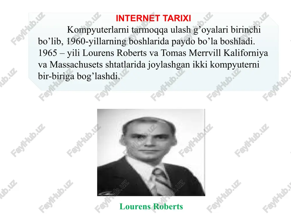 di. bu kashfiyotning mualliflari – robert kan va stenford universitetining professori vinton serf. vinton serf internetdagi ma’lumotlarni uzatish qoidalari protokollar (masalan , tcp/ip – transmission control protocol /internet protocol ) deb ataladi . kompyuterlarning axborotlarni telefon tarmoqlari orqali yubora olishiga imkon beruvchi modem deb ataluvchi qurilmaning yaratilishi (1979 – yil nayes kompaniyasi ) va rivojlanishi sababli faqatgina shaxsiy kompyuteri va telefoni bor millionlab kishilar tarmoqning maxsus qurilmalarisiz xam internetdan foydalana olish imkoniyatiga ega bo’ldilar . 1992-93 – yillarda axborot texnologiyalarining rivojlanishi sababli tasviriy va tovushli axborotlarni olis masofalardan qisqa vaqtda uzatishning shunday imkoniyati yaratilganki , u world wide web deb nom olgan . world wide web internet ning bir qismi bo’lib, xalqaro o’rgimchak to’ri ma’nosini anglatadi . world wide web multimedia (rasm va matnli axborotlarni tovushli va xarakatdagi shakllardan iborat axborot bilan birlashtirish texnologiyasi) imkoniyatlariga ega bo’lgani uchun foydalanuvchilar e’tiborini juda tez qozondi . world wide web ning yaratilishi 1989-yil …