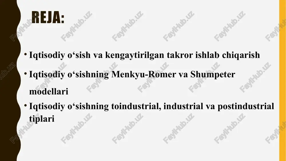 asi; 2 rivojlangan mamlakatlarda yaratilgan yangiliklarni o‘zlashtirish strategiyalari; 3 yangi mahsulot va yangi texnologiyalar yaratishga imkon beruvchi mamlakatning o‘z ilmiy-texnik salohiyatini rivojlantirish strategiyalari. 8.2. iqtisodiy o‘sishning menkyu-romer va shumpeter modellari menkyu — romer — veyl modeli jismoniy va inson kapitalining kamayib boruvchi qaytimiga ega bo‘lgan iqtisodiy o‘sishning ekzogen modeli hisoblanadi. menkyu — romer — veyl modeli texnologiyalar o‘sishining ekzogen sur’ati uchun xos hisoblanadi. ushbu modela uchta o‘ziga xos jihatlar ajratib ko‘rsatiladi. birinchidan, u solou modelini takomillashtirish maqsadi asosida yotuvchi inson kapitalini ifoda etadi. solou modeli jamg‘armalar va aholi o‘sishi iqtisodiy o‘sishga qay tarzda ta’sir ko‘rsatishini tushunishga yordam beradi. inson kapitalining parametri davlatlararo taqqoslashlar asosida regressiya tahlilining eng yaxshi natijalarini beradigan o‘zgaruvchi hisoblanadi. shumpeterning so‘zlariga ko‘ra, yangi kombinatsiyalarni amalga oshirish beshta holatni o‘z ichiga oladi: 1. yangi mahsulot (“iste’mol ne’mati”) yaratish; 2. yangi ishlab chiqarish usulini joriy qilish; 5. kompaniyani tashkil etishning yangi shaklini yaratish (shu jumladan kompaniyaning bozorda monopol mavqeini …