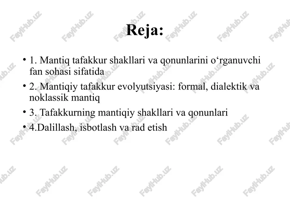 obyektini tafakkur tashkil etadi. formal mantiq statik voqelikga oid bo‘lib, tafakkur strukturasini fikrning aniq mazmuni va taraqqiyotidan chetlashgan holda, nisbatan mustaqil ravishda o‘rganadi. dialektik mantiq dinamik voqelikga oid bo‘lib, tafakkurni uning mazmuni va shakli yaxlitligi va rivojlanishi orqali o‘rganadi. matematik mantiq tafakkurni matematik usullar yordamida tadqiq etadi. u hozirgi zamon matematikasining muhim yo‘nalishlaridan biri hisoblanadi tafakkur shakllari obyekt va xodisalarning belgilari, xususiyatlari va ular o‘rtasidagi munosabatlar haqida tasdiqlangan yoki rad etilgan fikrlash shakli. tafakkurning bir yoki bir necha hukmlardan yangi hukm chiqarish mumkin bo‘lgan asosiy mantiqiy shakli. obyekt va xodisalarning asosiy xususiyatlari, umumiy va muhim belgilarini yaxlit holda ifodalovchi fikrlash shakli. tushuncha mulohaza xulosa 1 2 3 mulohazalar sodda mulohazalar murakkab mulohazalar qismlarga ajratilmaydigan, biror shart yoki usul bilan bog‘lanmagan hamda faqat bitta holatni ifodalaydigan mulohazalardir. sodda mulohazalar ustida amallar bajarib, ya’ni “va”, “yoki” kabi bog‘lovchilar, “emas” shaklidagi to‘liqsiz fe’llar yordamida hosil qilingan mulohazalardir. mulohazalar narsa yoki obyektlarning xususiyatlarini, tushunchalar …