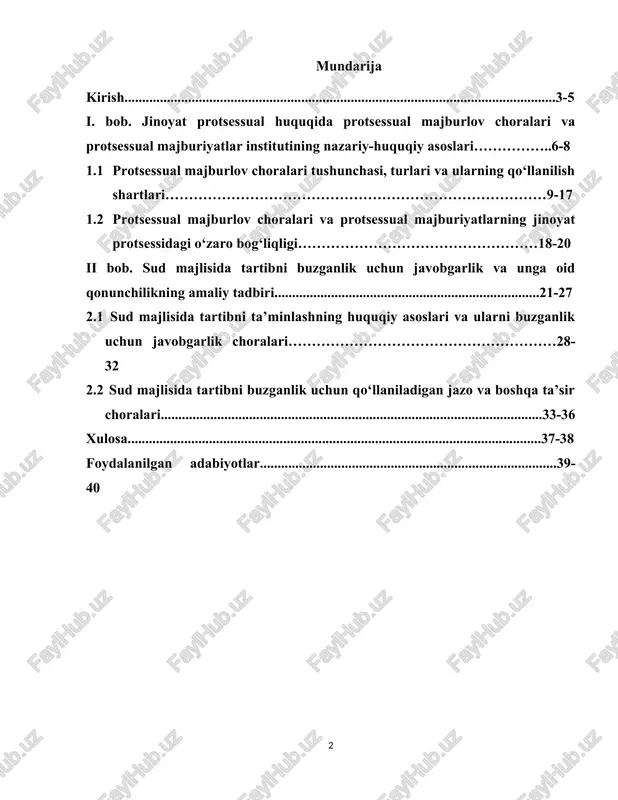 ra-tadbirlar muhim vosita sifatida xizmat qiladi. ayniqsa, sud jarayonlarida tartibni saqlash, ishtirokchilarning qonuniy harakatlari va zimmasidagi majburiyatlarni to‘liq bajartirish orqali jinoyat protsessining samaradorligi ta’minlanadi. shu nuqtai nazardan olib qaraganda, mazkur institutlarni chuqur o‘rganish, ularning huquqiy asoslari va amaliy qo‘llanilishini tahlil qilish bugungi huquqiy islohotlar doirasida dolzarb masalalardan biri hisoblanadi. kurs ishining dolzarbligi shundaki, bu mavzu jinoyat-protsessual huquq nazariyasida yetarlicha ishlab chiqilgan bo‘lishiga qaramasdan, uning amaliy qo‘llanilishi doimo turli muammolar bilan to‘qnash kelmoqda. ayrim hollarda protsessual majburlov choralari asossiz qo‘llanilishi yoki majburiyatlarning buzilishi sababli tergov jarayonlari kechikmoqda, fuqarolarning huquqlari poymol qilinmoqda. sud tartibini buzish holatlari esa, ba'zan, jazo choralarining yetarlicha qo‘llanilmasligi yoki sud tartibi kafolatlarining yetishmasligi sababli ko‘paymoqda. shu sababli ushbu mavzuni nazariy va amaliy jihatdan chuqur o‘rganish, mavjud qonunchilikni tahlil qilish, muammolarni aniqlash va takomillashtirish yo‘nalishlarini ishlab chiqish nihoyatda muhimdir. protsessual majburlov choralari jinoyat protsessida qatnashayotgan shaxslarning qonuniy xatti-harakatlarini ta'minlash, jinoyat ishini adolatli hal qilish uchun zarur bo‘lgan shart-sharoitlarni yaratishga …