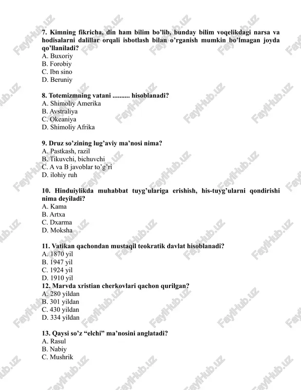 nridagi suralar c. rahmon suralari d. qadr suralari 16. hikoya qiluvchilar ro’yxati muntazam bayon etilgan hadis qanday nomlangan? a. mutassil b. mursal c. ma’kuf d. munqati 17. umar ibn xattob taklifiga binoan abu bakr siddiq sahobalardan kimni chaqirib, unga qur’onni jamlash va yozma holga keltirish vazifasini topshirdi? a. urva ibn zubayrni b. muhammad ibn muslim zuhriyni c. zayd ibn sobitni d. usoma ibn zaydni 18. tasavvuf qachon vujudga kelgan? a. viii-asrda b. vii-asrda c. vi-asrda d. v-asrda 19. madaniy suralar o’z ichiga qanday masalalarni qamrab olgan? a. shariat tartiblarini b. xudoning borligi va birligini c. payg’ambarlar tarixini d. islomning xukmiy masalalarini 20. fanatizm – fransuzcha-«…..» ma’nosini anglatadi a. qo’shilmaslik b. qattiq ishonish c. ibodat d. rad etish 21. qadimgi milliy dinlar qaysi hususiyati bilan boshqa din shakllaridan ajralib turgan? a. milliy davlat xarakterida bo’lishi bilan b. qurbonlik qilish urf bo’lib hatto majburiy marosimlardan biri hisoblanar edi c. politeistik, ya’ni ko’p …