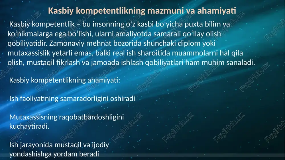 ashuvchanlik – bozor talabiga mos ravishda yangi usullarni o‘rganish. kasbiy kompetentlikni shakllantirish omillari ta’lim va kasbiy rivojlanish: 1.kasbiy kompetentlikning asosiy poydevori sifatida sifatli ta’lim va doimiy rivojlanish muhim rol o‘ynaydi. zamonaviy dunyoda mutaxassislar doimiy o‘qish va yangilanib boruvchi bilimlarga ega bo‘lishlari kerak. amaliy tajriba va mehnat faoliyati: 2.kasbiy kompetentlikni rivojlantirishda ish tajribasi va amaliy faoliyat katta ahamiyatga ega. ish jarayonida inson yangi bilim va ko‘nikmalarni egallaydi hamda real muammolarni hal qilish tajribasiga ega bo‘ladi. 1.muhim jihatlar: nazariy bilimlar – kasbga oid asosiy tushunchalar va qonuniyatlarni o‘rganish. amaliy mashg‘ulotlar – kasbiy ko‘nikmalarni shakllantirish va rivojlantirish. 2.muhim jihatlar: stajirovka va amaliyot – ta’lim davomida real ish jarayoniga jalb qilinish. ustozlik va mentorlik – tajribali mutaxassislardan o‘rganish. image1.png image2.png image3.jpeg /docprops/thumbnail.jpeg