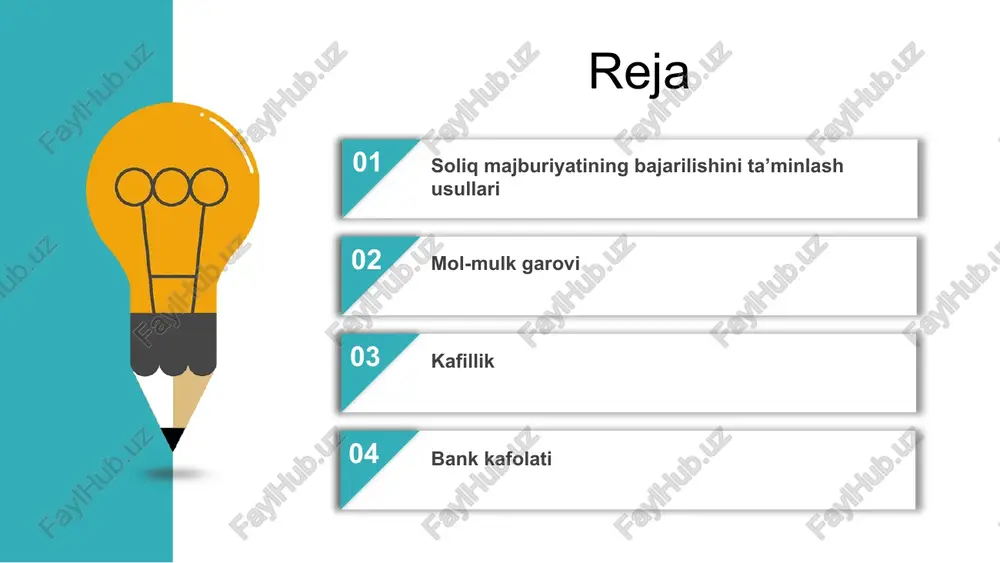 mumkin. soliq to‘lovchi tegishli soliq summalarini va tegishli penyalarni to‘lash bo‘yicha majburiyatini bajarmagan taqdirda, soliq organi ushbu majburiyatning garovga qo‘yilgan mol-mulk qiymati hisobidan bajarilishini fuqarolik to‘g‘risidagi qonunchilikda belgilangan tartibda amalga oshiradi. fuqarolik qonunchiligiga muvofiq o‘ziga nisbatan garov belgilanishi mumkin bo‘lgan mol-mulk, agar ushbu moddada boshqacha qoida belgilanmagan bo‘lsa, garov predmeti bo‘lishi mumkin. boshqa shartnoma bo‘yicha garov predmeti soliq organi va garovga qo‘yuvchi o‘rtasidagi shartnoma bo‘yicha garov predmeti bo‘lishi mumkin emas. garov chog‘ida mol-mulk garovga qo‘yuvchida qolishi yoxud garovga qo‘yuvchining mablag‘lari hisobiga soliq organiga (garovga oluvchiga), garovga qo‘yilgan mol-mulkning but saqlanishini ta’minlash majburiyati unga yuklangan holda, topshirilishi mumkin. garovga qo‘yilgan mol-mulkka nisbatan biron-bir bitimni, shu jumladan soliq qarzi summalarini uzish maqsadida bitimlarni tuzish faqat garovga oluvchi bilan kelishilgan holda amalga oshirilishi mumkin. soliq majburiyatining bajarilishini ta’minlash usuli sifatida garov belgilashda yuzaga keladigan huquqiy munosabatlarga nisbatan, agar soliq to‘g‘risidagi qonunchilikda boshqacha qoida belgilanmagan bo‘lsa, fuqarolik qonunchiligining qoidalari qo‘llaniladi. kafillik soliq majburiyatini bajarish …