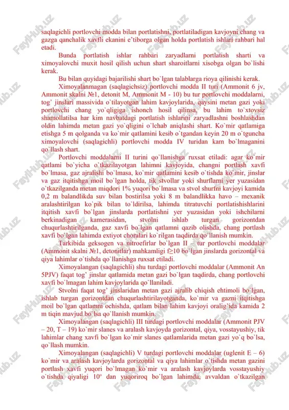 lgan turidir, qolgan besh turi himoyalangan (saqlagichli) portlovchi modda chang va gaz portlash xavfi bo`lgan shaxta va lahimlarda portlatish ishlari olib borishga mo`ljallangan turlaridir. juda xavfli joyda ishlatish uchun v va vii to`r himoyalangan (saqlagichli) portlovchi moddalarni qo`llashga ruxsat etiladi. maxsus portlatish ishlari olib borishga mo`ljallangan himoyalangan (saqlagichli) portlovchi moddalar to`rt gruxga bo`linadi. har bir gurux yana ikkiga bo`linadi. bu bo`linish portlovchi modda vazifasiga va qo`llanish hususiyatiga bog’liq holda ajratiladi. bunday gurux portlovchi moddalarni metalga impulsli ishlov berishda, sulfidli rudalarni, oltin gugurtli va neftli shaxtalarda portlatish ishlari olib borishga ruxsat etiladi. ko`mir va slanes shaxtalarda himoyalovchi (saqlagichli) portlovchi moddalarni ii; iii; iv; v; vi va vii turlarini qo`llanishga ruxsat etiladi. qaysi tur saqlagichli portlovchi modda bilan portlatishni, portlatiladigan kavjoyni chang va gazga qanchalik xavfli ekanini e’tiborga olgan holda portlatish ishlari rahbari hal etadi. bunda portlatish ishlar rahbari zaryadlarni portlatish sharti va ximoyalovchi muxit hosil qilish uchun shart sharoitlarni xisobga olgan …