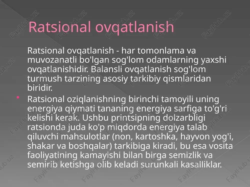 jarayon. xazm hazm qilish vaqtida oziq-ovqat makromolekulyarlari kichik molekulalarga, xususan, oziq-ovqat biopolimerlarining monomerlarga bo'linishiga aylanadi. bu jarayon oshqozon (gidroliz) fermenti yordamida amalga oshiriladi. yuqorida ta'riflangan qayta ishlash jarayonidan so'ng oziq-ovqat ichak devori orqali so'riladi va tana suyuqliklariga (qon va limfa) kiradi . shunday qilib, ovqat hazm qilish jarayoni oziq-ovqat mahsulotlarini qayta ishlash va tananing emishi hisoblanadi. xazmlanishning biologik qiymati katta zarralarning kichikroq qismlarga bo'linishi oziq-ovqat mahsulotlarini so'rib olish uchun - hujayra membranasi orqali hujayralar sitoplazmasiga va intraintestinal ovqat hazm bo'ladigan hayvonlarda - oshqozon-ichak traktining devorlari orqali transport tizimiga (qon, limfa va boshqalar) tushishi uchun zarurdir. proteinlar, dnk (qisman va boshqa oziq-ovqat polimerlari) monomerlariga bo'linish ushbu turdagi organizmga xos bo'lgan "o'z" monomerlaridan biomolekulalarning keyingi sintezi uchun kerak. asosiy hazm qilish turlari va ularni tirik organizmlar guruhlari orasida taqsimlash: ekstraselular hazm xujayralari hujayra devori - bakteriyalar, zamburug’lar, qo'ziqorinlar, yovvoyi o'simliklar va hk hujayradan bo'lgan barcha geterotrofik organizmlar uchun xarakterlidir. bu hazm qilish …