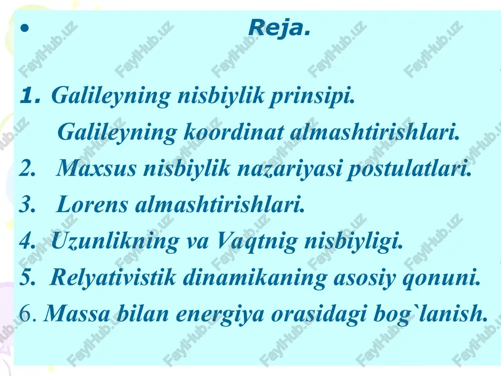 x1=x- 0 y=y1 (3) yoki (4) y1=y z=z1 z1=z (3) va (4) tenglamalar klassik mexanikada tezliklarni qo`shish qoidalarini beradi. 2.maxsus nisbiylik nazariyasining postulatlari. maxsus nisbiylik nazariyasi asosida ikkita postulat yotadi. postulat. inersial sanoq tizimlari ekvivalent bo`lib, tabiatdagi hamma hodisalar ularda bir xil bajariladi. faqat mexanik yo`l bilan emas balki optik tajribalar yordamida ham tizimning harakat holatini aniqlab bo`lmaydi. postulat. yorug`likning vakuumdagi tezligi hamma inersial tizimlarida bir xil bo`lib manba yoki qabul qiluvchining tezligiga bog`liq emas. yorug`lik tezligining o`zgarmas qiymatiga ega bo`lishi va vaqtning o`tishi har xil sanoq tizimi uchun turlicha bo`lishi galiley almashtirishlar qoidasini yorug`lik nuri uchun qo`llash mumkin emasligi aniqlandi . chunki x=x1+0 dan yorug`lik tezligi uchun x1 =c u holda x=c+ bo`ladi, ya’ni x  c bu esa mumkin emas. niderlandiyalik fizik xendrik lorens 1904 yilda nisbiylik nazariyasidan foydalanib k (x,y,z,t) tizim koordinatalarini k1 (x1,y1,z1,t1) koordinatalariga almashtirish formulalarini aniqladi. 3.lorens almashtirishi. lorens almashtirishlari quyidagicha: y=y1 z=z1 y1=y z1=z …