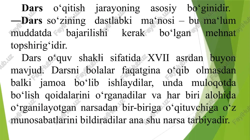 kerak. bir necha shunday usullar bilan tanishaylik: 1) butun sinfga topshirilgan ijobiy ishda har bir o’quvchining maksimal bilimini hisobga olish. 2) maxsus didaktik materiallardan foydalanish. 3) muammoli vaziyat yaratish, testlardan foydalanish. 4) har xil ko’rsatmali va ekran vositalarini qo’llash. 5) darsda musobaqa shaklidan foydalanish. matematikadan dars turlari: murakkab dars. yangi materialni o`rganish darsi. bilim, malaka va ko`nikmalarni mustahkamlash darsi. takrorlash – umumlashtirish darslari. bilim, malaka va ko`nikmalarni nazorat qilish darsi. muammoli dars. noan‘anaviy dars. 1. murakkab darslar - boshlang`ich sinflarda eng ko`p o`tiladi. tuzilishi: uy vazifasini tekshirish. maxsus og`zaki mashqlar. o`quvchilar oldiga dars maqsadini qo`yish. yangi materialni idrok qilishga tayyorlash. yangi materialni o`rganish. yangi materialni mustahkamlash. o`tilganlarni takrorlash. darsni yakunlash va uyga vazifa berish. yangi materialni o`rganish darslari - murakkab va yangi materialni o`rganish darslari tuzilishi jihatidan o`xshash. ammo, yangi materialni o`rganish darslarida asosiy vaqt yangi mavzuga beriladi. m: 20-25 minut. (mus. 10-15 m). bilim, malaka va ko`nikmalarni mustahkamlash - …