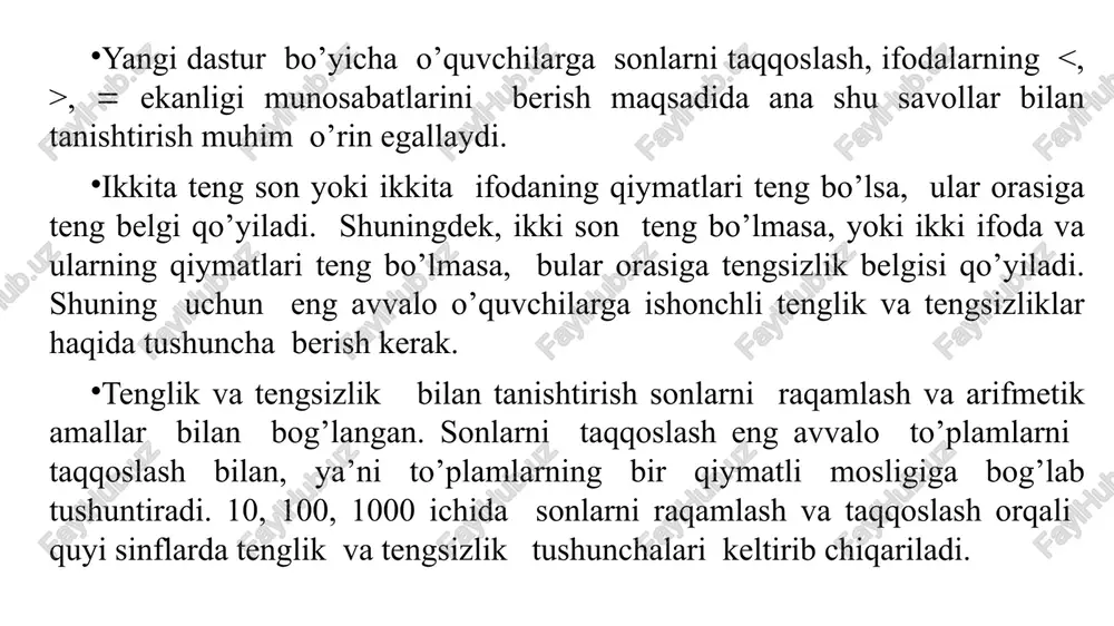 x = 4. 6. noma’lum ikkinchi ko’paytuvchini topish uchun, ko’paytmani ma’lum birinchi ko’patuvchiga bo’lish kerak. 4 ∙ x = 20 x = 20 : 4 x = 5. 7. noma’lum bo’linuvchini topish uchun, bo’linmani ma’lum bo’luvchiga ko’paytirish kerak. x : 5 = 4 x = 4 ∙ 5 x = 20. 8. noma’lum bo’luvchini topish uchun, ma’lum bo’linuvchini bo’linmaga bo’lish kerak. 20 : x = 4 x = 20:4 x = 5. 3-sinfda 3-sinfda 4-sinfda 4-sinfda 4-sinfda 4-sinfda 4-sinfda 4-sinfda masalan: ekskursiyaga 28 ta o’quvchi va bir qancha qiz jo’natildi. ular 2 ta avtobusga 25 tadan joylashdi. nechta qiz bor? 1-usul. oldin noma’lum qizlar sonini x bilan belgilaymiz. o’g’il va qizlar sonini (28  x) deymiz. ikkita avtobusga ketganlar soni 25∙2 deymiz. 2- va 3- larni tenglashtiramiz: 28x  25∙2 2-usul. noma’lumlarni x bilan belgilaymiz; o’g’il va qizlar soni (28  x) bo’ladi; ularni ikkita avtobusga bo’lsak, (28  x):2; …