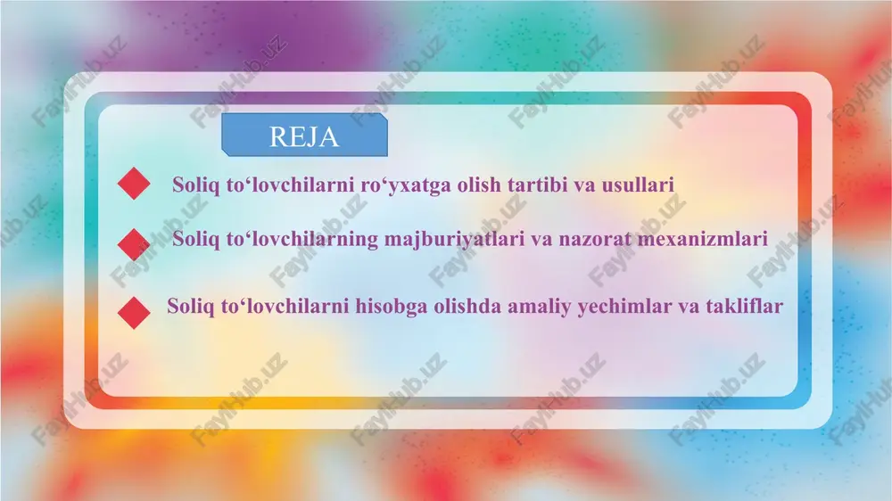 a oshiriladi. soliq organlari yuridik va jismoniy shaxslarni muntazam monitoring qiladi. hisobga olish tartibi soliq to‘lovchilarni tizimli nazorat qilish imkonini beradi. shu bilan birga, bu jarayon huquqiy asosda amalga oshiriladi. har bir shaxsning ma’lumotlari elektron bazaga kiritiladi. soliq identifikatsiya raqami (stir) va uning ahamiyati soliq identifikatsiya raqami (stir) har bir to‘lovchini aniqlash uchun muhim vositadir. stir orqali soliq organlari har bir to‘lovchining hisobini kuzatadi. bu raqam yuridik va jismoniy shaxslar uchun majburiy hisoblanadi. stir soliq deklaratsiyasini to‘ldirishda asosiy identifikator sifatida ishlatiladi. shu bilan birga, raqam orqali moliyaviy operatsiyalar monitoring qilinadi. stir soliq to‘lovchilar va davlat organlari o‘rtasidagi aloqani soddalashtiradi. u hisobga olishni tezlashtiradi va xatoliklarni kamaytiradi. natijada, stir tizimi soliq nazoratining samaradorligini oshiradi. elektron soliq registri va avtomatlashtirilgan tizimlar elektron soliq registri soliq to‘lovchilarni hisobga olishni avtomatlashtiradi. bu tizim orqali barcha yuridik va jismoniy shaxslar ma’lumotlari markazlashtiriladi. avtomatlashtirilgan tizim soliq deklaratsiyalarini tezkor qayta ishlashga yordam beradi. shu bilan birga, u …