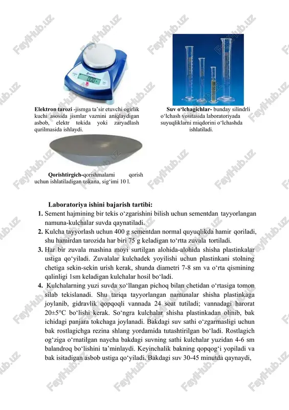 lgan naycha bakdagi suvning sathi kulchalar yuzidan 4-6 sm balandroq bo‘lishini ta’minlaydi. keyinchalik bakning qopqog‘i yopiladi va bak isitadigan asbob ustiga qo‘yiladi. bakdagi suv 30-45 minutda qaynaydi, namunalar shu suvda 4 soat qaynatiladi. ular bakda turgan holida 20±5°c gacha sovishi lozim, shundan keyin bakdan olinib, sinchiklab ko‘zdan kechiriladi. 5. qaynatilagan namuna-kulcha yuzida uning chetiga etib turadigan radial yoriqlar yoki lupa orqali ko‘rinadigan yohud oddiy ko‘zga ham ko‘rinadigan to‘rsimon qil yoriqlar paydo bo‘lmasa va namunalar qiyshaymasa sement sifatli hisoblanadi. sinovdan o‘tgan kulchalar sinovdan o‘tmagan kulchalar. kulchaning massasi -………g suv mikdori -……….% ishlash uslubi – laboratoriya ishi xulosalari: image1.jpeg image2.jpeg image3.jpeg image4.jpeg image5.jpeg