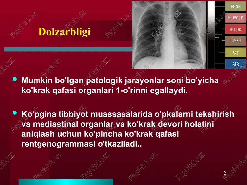 afragma va o'pka tomirlari soyalarining qatlamlanishi. * proyeksiya, pozitsiya va nafas olish fazasining ta'sirini yig'ish. a. oddiy oldingi ko'krak qafasi rentgenogrammasi, to'liq ilhom bilan tik turish. b. orqa fotosurat, orqaga yotgan holati, nafas chiqarish bosqichida. kattalashgan yurak hajmi va bo'rtib chiqqan o'pka tomirlari * nafas olish fazasining ta'siri bemor ko'krak qafasidagi og'riqlardan shikoyat qiladi. nafas olish bosqichida (a) rentgenogrammada pnevmotoraks yo'q. ekspiratuar faza rentgenogrammasi (b) pnevmotoraksni ko'rsatadi. * rentgenogrammaning "qattiqligi" tasvirni olish paytida plyonkaga tushadigan rentgen nurlarining o'tkazuvchanligiga bog'liq optimal qattiqlik bilan birinchi 3-4 ko'krak umurtqalari ko'rinadi raqamli rentgenogrammada yurak orqasida umurtqa pog'onasining zaif soyasi ko'rinishi kerak * effekt super- i nedoeksponirovannogo izobrajeniya * romboid chuqurcha . * vc 7 ga ulangan servikal qovurg'alar suv jo'mragiga o'xshash o'simtalar ko'rinishiga ega va ularning uchlari kaudal yo'naltirilgan bo'lib, tepada osilgan. ba'zida simptomatik raqamli substraksion angiografiyasi o’mrov darajasida o’mrov osti arteriyasining og'ir stenozi * * * * * qovurg'a tog’ayining kalsifikatsiyasi periferik tip …