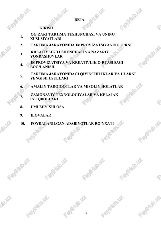 t cheklangan sharoitlarda, masalan, simultane tarjimada tinglayotgan nutqni bir vaqtning o‘zida tushunishi va tarjima qilishi zarur bo‘lgan paytda improvizatsion mahorat asosiy rol o‘ynaydi. kreativlik esa tarjimonning nutqni original, qiziqarli va auditoriyaga mos holda ifoda etish, murakkab iboralarni yoki madaniy nozikliklarni tushunarli shaklda uzatish qobiliyatidir. tarjimada kreativlik tarjimonning nafaqat lingvistik bilimlari, balki madaniy savodxonligi va ijodiy fikrlashi bilan bog‘liq bo‘lib, uning tarjimasi sifatiga bevosita ta’sir ko‘rsatadi. tarjimonning ijodiy yondashuvi yordamida so‘zlar va iboralarning madaniy yoki kontekstual farqlarini soddalashtirish, yangi ifoda usullarini topish va tarjima matnini auditoriyaga yaqinroq qilish imkoniyati tug‘iladi. ushbu kurs ishining asosiy maqsadi og‘zaki tarjima jarayonida improvizatsiya va kreativlikning o‘rnini nazariy va amaliy jihatdan tahlil qilishdan iborat. tadqiqot jarayonida improvizatsiya va kreativlikning tarjima sifatiga ta’siri, tarjimondan talab etiladigan ko‘nikmalar va ularni rivojlantirish yo‘llari batafsil ko‘rib chiqiladi. kurs ishida og‘zaki tarjimaning murakkabligi, improvizatsiya va kreativlik elementlarini birlashtirishning ahamiyati va ularni rivojlantirish bo‘yicha mavjud metodologiyalar yoritiladi. ishning tadqiqot metodologiyasi sifatida nazariy …