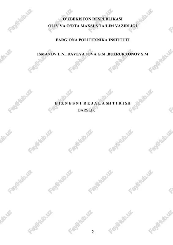 lashtirish turlari va usullari; rejalashtirishning normativ asoslari; strategik rejalashtirish; biznes reja tuzilmasi va tarkibi; korxona va mahsulot tarkibi; marketing rejasi; ishlab chiqarish rejasi; ishlab chiqarish quvvatini rejalashtirish; tashkiliy reja; xodimlarga talabni rejalashtirish; korxonada mexnatga haq to’lash fondini rejalashtirish; korxonada xarajatlarni rejalashtirish; moliyaviy rejani ishlab chiqish. darslik “biznesni rejalashtirish” fani bo’yicha tasdiqlangan namunaviy o’quv dasturi asosida ishlab chiqilgan va 5230100 “iqtisodiyot” (tarmoqlar va soxalar bo’yicha) ta’lim yo’nalishining malaka talablariga mos keladi darslikdan “iqtisodiyot” ta’lim yo’nalishi bo’yicha tahsil olayotgan oliy o’quv yurti talabalari va professor-o’qituvchilari uchun mo’ljallangan bo’lib, undan iqtisodiyotning turli sohalaridagi mutaxassislar ham foydalanishi mumkin. kalit so’zlar: biznes, faoliyat, rejalashtirish, ishlab chqarish rejasi, marketing rejasi, xarajatlar, daromadlar, mahsulot hajmi, ishlab chiqarish quvvatlari, foyda. uo’k: 657.3 kbk: 65.9(2)23 nashr sanasi: 2020 nashr qiluvchi: farg’ona politexnika instituti naimenovanie: biznes planirovanie. uchebnik.2020, 355 s. avtori: ismanov i. n., davlyatova g. m., buzrukxonov s.m. annotatsiya: v dannom uchebnike rassmatrivayutsya sleduyushie voprosi: rinochnaya ekonomika; rol planirovanie …