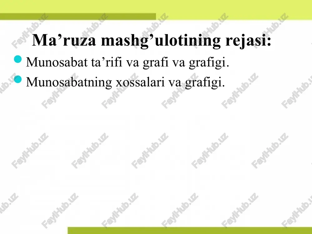 nosabat berilgan bo’lib, xry va yrx bir vaqtda bajarilsa, r simmetrikmunosabat deyiladi. masalan, «a||b», «a⊥b», «a = b» munosabatlari simmetrikdir. simmetrik munosabat grafida har bir strelkaga parallel qaytuvchi strelka bo’ladi. fix a positive integer m and recall that if a ∈ z then m | a means that a is a multiple of m. now let r be the relation on the set z of integers defined by arb ⇔ m|(a − b). this relation is, as we have seen, customarily denoted “mod m” and read “congruence modulo m.” thus if m = 7, then we can say that 1 ≡ 15 (mod 7)” where we read this as “1 is congruent to 15modulo 7.” note, in particular, that if m = 7 then the integers which are congruent modulo 7 to −1 are precisely those of the form −1 + 7k, k = 0, ±1, ±2, … z butun …