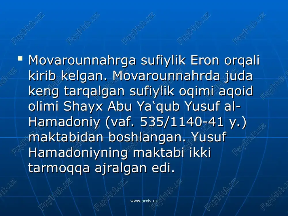 dini - arabiston yarim oroli dorasidan chiqib, taraqqiy etgan jahon diniga aylandi. islomning din sifatida shakllanib, rivojlanishi aynan shu davrlarga to‘g‘ri keladi. albatta, bunga turli mintaqalardagi jarayonlar o‘z ta’sirini ko‘rsatdi. xususan, movarounnahrning islom madaniyati va fanning algebra, astronomiya, falsafa, tarix, hadis, kalom va boshqa sohalariga ko‘rsatgan ta’siri juda kattadir. ayniqsa fiqh ilmi sohasida movarounnahrning tutgan o‘rni beqiyosdir. umuman olganda islom huquqshunosligi (fiqh) o‘ziga xos rivojlanish tarixiga ega. www.arxiv.uz www.arxiv.uz fiqh - g‘arbda islamic law, muslim law, muhammadan jurisprudence, le droit musulman, islamische gesetz kabi nomlar bilan yuritiladi. dunyoda amaldagi huquq normalaridan farqli o‘laroq, fiqh o‘z ichiga ibodat masalalarini ham qamrab oladi. buni tavrot kitobining ibodat masalalarini jamlab olgan talmudga qiyoslash mumkin. fiqh - qadimdan mavjud huquqiy normalarni ibodat va muomala masalalari bilan mushtarak holda ma’lum tartibga solingan huquqiy tizimdir. www.arxiv.uz www.arxiv.uz lug‘atda:«al-fiqh» kalimasi -« anglamoq, tushunmoq» kabi ma’nolarni beradi. istilohda: «al-fiqh» - «islom huquqi» deb yuritiladi. fiqh zamonaviy fanlar asosida …