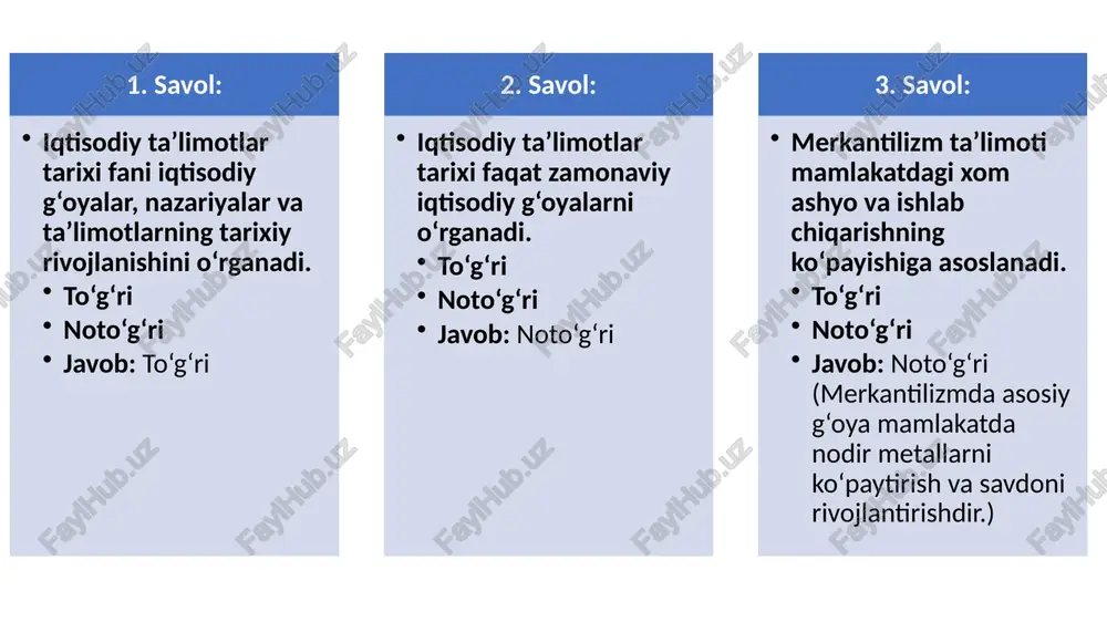 ish va iqtisodiy faoliyatni boshqarishda katta ahamiyatga ega mehnatning ahamiyati mehnat ijtimoiy va ma'naviy vazifadir, kasta tizimi asosida. har bir kishi o‘zining rolini bajarishi kerak mehnat jamiyatni tartibga solish va davlatni mustahkamlash uchun zarur. konfutsiy mehnatni ahloqiy vazifa deb bilgan iqtisodiy yuksalishning maqsadi diniy maqsadlar, ma'naviy o‘sish va adolatli jamiyat tuzish davlatning barqarorligini saqlash va jamiyatdagi tartibni mustahkamlash qadimgi dunyo iqtisodiy talimotlari 1. qadimgi xindistonda iqtisodiy faoliyatning asosiy yo‘nalishlarini belgilovchi asosiy hujjat qaysi edi? a) veda b) konfutsiyning «lunyu» kitobi c) dao de jing d) mahabharata javob: a) veda 2. qadimgi xindiston iqtisodiy tizimida eng yuqori ijtimoiy qatlamni kim tashkil etgan? a) kshatriyalar b) brahmanlar c) vaishiyalar d) shudralar javob: b) brahmanlar 3. qadimgi xitoyda iqtisodiy faoliyatni boshqarishda asosiy prinsipni kim ishlab chiqgan? a) konfutsiy b) mozi c) laozi d) qin shi huang javob: a) konfutsiy 4. qadimgi xindistonda iqtisodiy faoliyatning maqsadi nimada ko‘proq ifodalanadi? a) jamiyatning farovonligini oshirish b) …