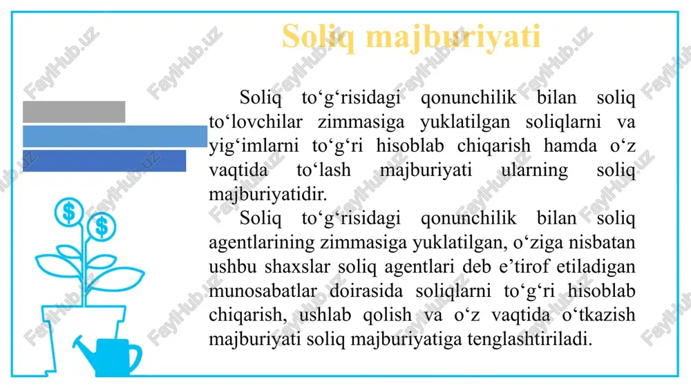 hi kalendar sanadan yoki muddatning boshlanishi belgilab qo‘yilgan voqea yuz berganidan keyingi kundan boshlanadi. soliq majburiyati ushbu majburiyatni bajarish muddatining so‘nggi kuni soat yigirma to‘rtga qadar bajarilishi kerak. agar soliq majburiyatini bajarish muddatining so‘nggi kuni dam olish (ishlanmaydigan) kuniga to‘g‘ri kelsa, undan keyingi birinchi ish kuni muddatning tugash kuni hisoblanadi. soliq to‘lovchi soliq majburiyatini muddatidan oldin bajarishga haqli. (86-moddaning uchinchi qismi o‘zbekiston respublikasining 2021-yil 21-apreldagi o‘rq-683-sonli qonuni tahririda — qonunchilik ma’lumotlari milliy bazasi, 21.04.2021-y., 03/21/683/0375-son) soliq majburiyatini bajarish muddati ushbu kodeksning 97 — 102-moddalarida nazarda tutilgan tartibda o‘zgartirilishi mumkin. soliq to‘lovchi tomonidan soliq majburiyatining bajarilmaganligi yoki lozim darajada bajarilmaganligi unga soliq organi tomonidan soliq qarzini to‘lash to‘g‘risida talabnoma yuborilishi uchun asos bo‘ladi. soliq to‘lovchi tomonidan soliq majburiyati bajarilmagan yoki lozim darajada bajarilmagan taqdirda, soliq organlari ushbu majburiyatning majburiy tartibda bajarilishi yuzasidan ushbu kodeksning 15-bobida nazarda tutilgan choralarni ko‘rishi va (yoki) uning bajarilishini ta’minlashga doir ushbu kodeksning 13-bobida nazarda tutilgan choralarni …