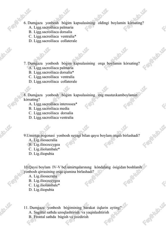 ga aylandirish d. harakat óqi yóq* 12. dumǵaza yonbosh bóǵimining innervatsiyasin ayting? a. yelka chigali b. bóyin chigali c. bel va dumǵaza chigali* d. bosh miya gipotalamus qismi 13.qov simfizi lotin atamasın ayting? a. symphysis pubica* b. symphysis iliaca c. symphysis sacralia d. symphysis ischiadica 14.qov simfizi orasinda nima joylashgan? a. discus interpubicus* b. discus intercoccygeus c. discus intersacralia d. discus ischiadica 15.qaysı boylam simfizning yóqori qismidan ótib ikki qov dómboǵlarining orasiga tortiladi? a. lig.pubicum superius* b. lig.sacrospinale c. lig.sacrotuberale d. lig.arcuatum pubis 16. qaysı boylam simfizning pastki qismidan bir qov suyagidan ikkinchi qov suyagiga birlashadi? a. lig.pubicum inferioris b. lig.arcuatum pubis* c. lig.sacrospinale d. lig.sacrotuberale 17.simfiz qaysi birlashmaga kiradi? a. úzlikli b. úzliksiz c. yarım bóǵim* d. sinostoz 18.qaysi boylam quymish dómboǵidan dumǵazaning lateral qiriga birlashadi? a. lig.pubicum superius b. lig.sacrospinale c. lig.sacrotuberale* d. lig.arcuatum pubis 19.qaysı boylam quymish suyaginig ótkir ósigi bilan dumǵaza va dum suyagin birlashtiradi? a. …