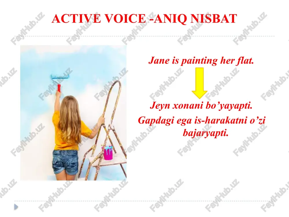 ve jane will have painted her flat. jane will have had her flat painted. will have + had + v3 future perfect causative jane wants to have her flat painted. jeyn xonasini bo’yyatirishni hohlaydi. infinitive causative jane likes having her flat painted. jeyn xonasini bo’yyatirishni yoqtiradi. ving jane should have her flat painted. jeyn xonasini bo’yyatirishi kerak. modal verbs change the sentences using the causative forms: 1) i won’t do this work myself i will have this work done. they didn’t paint the fence themselves. they had the fence painted. she isn’t making breakfast herself. she is having her breakfast made. samples: she _____ (the car / buy) last year. she had the car bought last year. she _____ (her face/ make up) now. she is having her face made up now. he must ____ (his head/bandage). he must have his head bandaged.. my mother _______ (fish/clean) just. my mother …