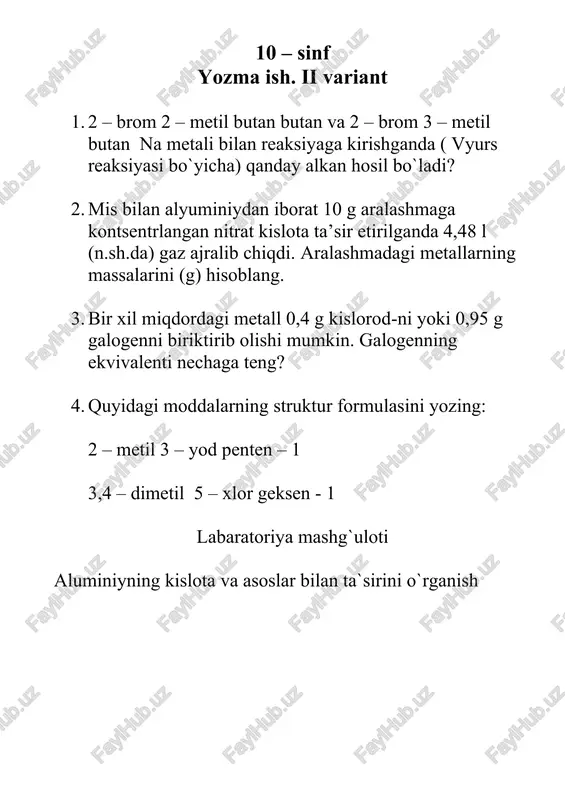 idan hosil bo`ladigan funksional guruh b) bir sinfga kiruvchi xossalari jihatdan o`xshash, tarkibi ch2 guruhga farq qiluvchi moddalar qatori c) tarkibi bir xil, kimyoviy tuzilishi va xossalari har xil moddalar d) to`g`ri javob berilmagan 5. 2,2,3-trimetil pentan molekulasidagi ikkilamchi uglerod atomlari sonini aniqlang. a) 2 ta b) 1 ta c) 3 ta d) 5 ta 6. izomer moddalar uchun qaysi jihatlar umumiy hisoblanadi? a) molekulyar formula va nisbiy molekulyar massa b) tuzilish formulasi va fizik xossalari c) fizik va kimyoviy xossalari d) kimyoviy tuzilishi va xossalari 7. 0.25 mol alkan tarkibida 21.07 * 1023 ta vodorod atomi bo`lsa, alkanning nomini aniqlang a) n-butan b) 2,3-dimetilbutan c) 3-metil butan d) 3-etil pentan 8. zaxarli hashoratlarga qarshi ishlatiladigan moddani toping a) glitsirin c) ligroin b) geksaxloran d) xloroform 9. qaysi modda ikki atomli to`yingan spirtlar sinfiga mansub? a) propanol c) glitsirin b) fenol d) etilenglikol 10. kauchukni oltingugurt qo`shib qizdirib, rezinaga aylantirish …