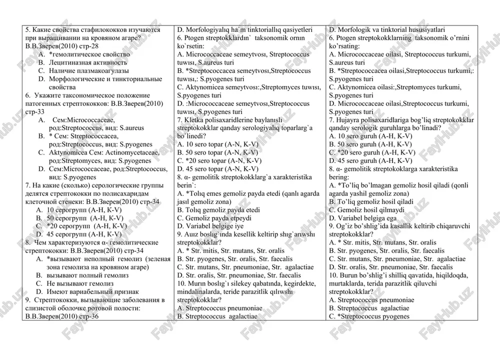 elniy priznak 9. streptokokki, vizivayushie zabolevaniya v slizistoy obolochke rotovoy polosti: v.v.zverev(2010) str-36 a. * str. mitis, str. mutans, str. oralis b. str. pyogenes, str. oralis, str. faecalis c. str. mutans, str. pneumoniae, str. agalactiae d. str. oralis, str. pneumoniae, str. faecalis 10. ctreptokokki, parazitiruyushie na koje, v mindalinax, gortani, vslizistix obolochkax nosovoy polosti: v.v.zverev(2010) str-37 a. streptococcus pneumoniae b. streptococcus agalactiae c. *streptococcus pyogenes d. streptococcus faecalis 11. ucheniy, kotoriy videlil chistuyu kulturu sinegnoynoy palochki: v.v.zverev(2010) str-34 a. g.a genit b. m. frimen c. *s. jessar d. f. bernet 12. k kakim semeystvam otnosyatsya patogennie kokki: v.v.zverev(2010) str-125 a. mycobacteriaceae b. *streptococcaceae, staphylococcaceae c. corynebacteriacea, neisseraceae d. micrococcaccea, enterococcaceae 13. po kakim priznakam mojno provesti differentsiatsiyu kokkov: v.v.zverev(2010) str-28 a. po nalichiyu spor b. po nalichiyu zeren volyutina c. *po raspolojeniyu v mazke d. po nalichiyu jgutikov 14. kakie pigmenti xarakterni dlya stafilokokkov: v.v.zverev(2010) str-28 a. *zolotistiy, jeltiy, beliy …