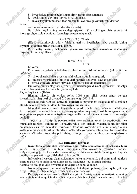 un xam foydalaniladi. pulning xrzirgi tsiymati kelajaqda kelib tushadigan pul mablag’larining belgilangan foiz stavkasini (“diskont stavkasi”) xisobga olgan xolda xozirgi davrga keltirilgan miqdorini ifodalaydi. opulning xozirgi qiymatini aniqlash bu qiymatning diskontllashuvi bilan bog’liq bo’lib, pul mablag’larining belgilangan yakuniy xajmida usishga tesqari operatsiyani ifodalaydi. bu xolda foiz (diskont) miqdori pul mablag’larining yakuniy miqdoridan (kelajaqdagi qiymatdan) chiqarib tashlanadi. bunday xolat bugungi kunda ma’lum bir vaqt utgandan so’ng oldindan belgilan summani olish uchun qancha mablaf investitsiya qilish kerakligini aniqlash zarur bo’lgan xollarda vujudga keladi. pul mablag’larini investitsiyalash bilan bog’liq moliyaviy-iqtisodiy xisob- kitobilarni amalga oshirishda qiymatning usish va diskontlashuv jarayonlari oddiy xamda murakkab foizlar bo’yicha amalga oshirilishi mumkin. oddiy foizlar odatda qisqa muddatli investitsiyalarda, murakkab foizlar esa uzoq muddatli investitsiyalarda qo’llanadi. oddiy foiz deb pul mablag’larini investitsiyalash shartlari bilan belgilangan to’lov davri (choraq, oy va xokozo) yakunida quyilmaning boshlangich (xozirgi) qiymatiga xisoblanuvchi summani anglatadi. quyilmaning usish jarayonida oddiy foiz summasini xisoblashda quyidagi formuladan foydalaniladi: …