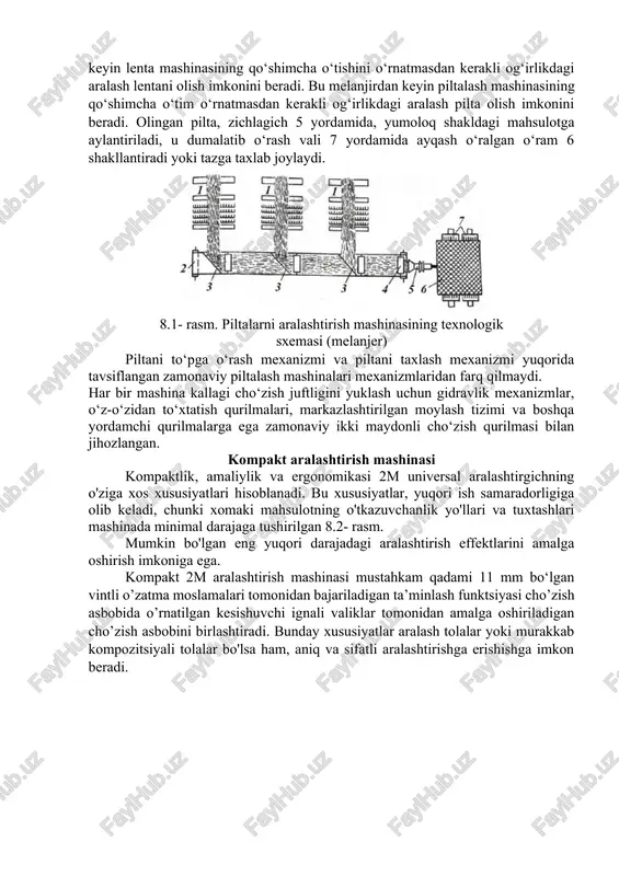 tirib chiqaradi. mdh korxonalarida sant'andrea novarra (italiya) va schlumberger (fransiya) kompaniyalarining melanjlari o‘rnatilgan. ikkala melanjir ham ikki kallakli; har bir kallak yuqorida tavsiflangan qurilmaga o‘xshash ikki maydonli ignali cho‘zish mexanizmi bilan jihozlangan. mashinalar tazlardan yoki to‘plardan ta’minlanishi mumkin, kallaklarda qo‘shilishlar soni 12 tagacha. piltalar to‘pga (o‘ramga) yoki tazga chiqariladi. kallaklardagi piltalarni cho‘zib olish natijasida olingan xolstcha 1 (8.1-rasm.), sillikq metall stolsha 2 ga kiradi va har biri 3 yonaltiruvchi atrofida egilib, ta’minlovchi moslamasiga 4 ga boradi. stolchada xolstchalar qo‘shiladi: qo‘shilishlar soni mashinadagi kallaklar soniga teng. ba'zi mashinalarda (masalan, sant'andrea novarra kompaniyasidan) piltalarni birlashtirib olingan xolstchaning tolali tarkibiga qarab 1,5÷3,5 martagacha ikkilamchi cho‘ziladi. bu melanjirdan keyin lenta mashinasining qo‘shimcha o‘tishini o‘rnatmasdan kerakli og‘irlikdagi aralash lentani olish imkonini beradi. bu melanjirdan keyin piltalash mashinasining qo‘shimcha o‘tim o‘rnatmasdan kerakli og‘irlikdagi aralash pilta olish imkonini beradi. olingan pilta, zichlagich 5 yordamida, yumoloq shakldagi mahsulotga aylantiriladi, u dumalatib o‘rash vali 7 yordamida ayqash o‘ralgan o‘ram …