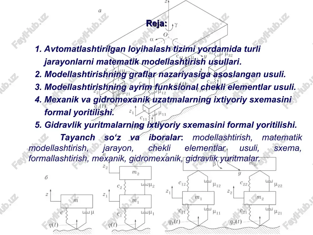 o‘quv-uslubiy qo‘llanma. toshkent: tayi, 2010. – 262 b. dementev yu.v., shetinin yu.s. sapr v avtomobile- i traktorostroenii. uchebnik dlya studentov vuzov. m.: “akademiya”, 2004. – 224 s. dadajonov t., muhitdinov m. matlab asoslari. t.: fan, 2008. – 632 b. mulenko v.v. kompyuternie texnologii i avtomatizirovannie sistemi v mashinostroenii. uchebnoe posobie dlya studentov vuzov. – m.: izd-vo rgu nefti i gaza im. i.m.gubkina, 2015. – 73 s. pestretsov s.i. cals – texnologii v mashinostroenii: osnovi raboti v cad/cae – sistemax: uchebnoe posobie. tambov: izd-vo gou vpo tgtu, 2010. – 104 s. porshnev s.v. matlab 7. osnovi raboti i programmirovaniya. uchebnik - m.: ooo «binom-press». 2011. – 320 s. zamonaviy texnik qurilmalarni va mashinalarni modellashtirish altning bir qismi bo‘lib, uning yordamida ayrim sinfga tegishli bo‘lgan tizimlarning strukturalarini formal ravishda o‘rganish mumkin. tizimlar va ularning strukturalarini hisobi va loyihalashning avtomatlashtirilgan usullariga bag‘ishlangan adabiyotlarning tahlili, formal model qurishda quyidagi ikkita yo‘l borligini ko‘rsatdi. birinchisining …