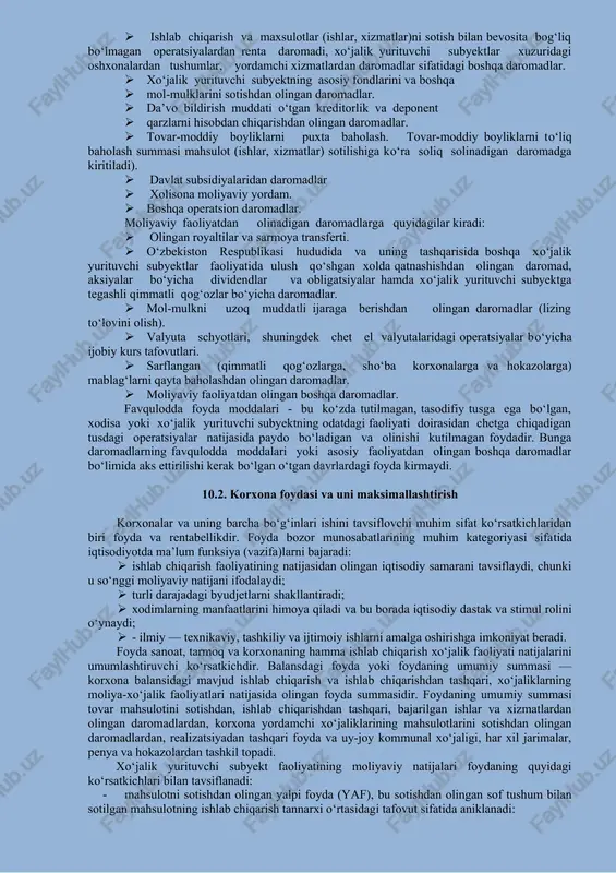 olingan, undan qo‘shilgan qiymat, aksiz solig‘i va eksport boj poshlinasi, chegirilgan tushum sifatida aniqlanadi. unga tovarlarning qaytarilishi, xaridorlar uchun berilgan chegirmalar va boshqalar kiritilmaydi. asosiy ishlab chiqarish faoliyatidan olinadigan boshqa daromadlarga quyidagilar kiradi: · undirilgan yoki qarzdor tomonidan e’tirof etilgan jarimalar, penyalar, vaqtida to‘lanmagan qarzlar va xo‘jalik shartnomalari shartlarini buzg‘anlik uchun boshqa xil jazo jarimalari, shuningdek yetkazilgan zararlarni undirish bo‘yicha daromadlar. · hisobot yilida aniqlangan o‘tgan yillardagi foyda. · ishlab chiqarish va maxsulotlar (ishlar, xizmatlar)ni sotish bilan bevosita bog‘liq bo‘lmagan operatsiyalardan renta daromadi, xo‘jalik yurituvchi subyektlar xuzuridagi oshxonalardan tushumlar, yordamchi xizmatlardan daromadlar sifatidagi boshqa daromadlar. · xo‘jalik yurituvchi subyektning asosiy fondlarini va boshqa · mol-mulklarini sotishdan olingan daromadlar. · da’vo bildirish muddati o‘tgan kreditorlik va deponent · qarzlarni hisobdan chiqarishdan olingan daromadlar. · tovar-moddiy boyliklarni puxta baholash. tovar-moddiy boyliklarni to‘liq baholash summasi mahsulot (ishlar, xizmatlar) sotilishiga ko‘ra soliq solinadigan daromadga kiritiladi). · davlat subsidiyalaridan daromadlar · xolisona moliyaviy yordam. · …