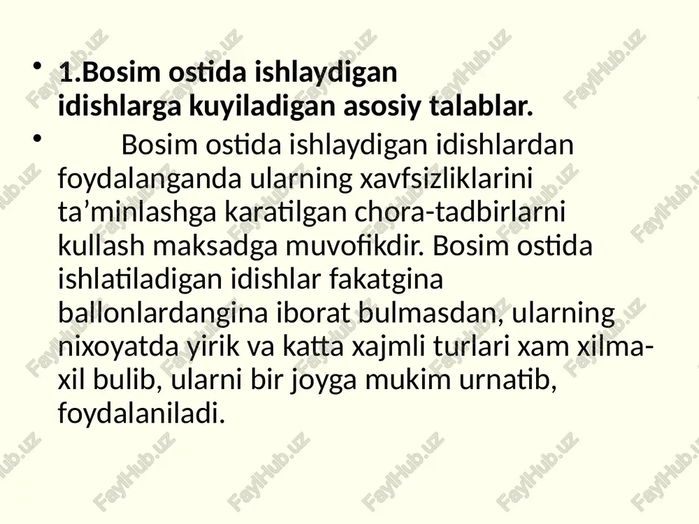 a yukori bosimdagi xolatida saklash imkoniyatini beradigan balonlarni kam xajmli – 0,4 –12 l, urtacha 20-50 l va katta xajmlilari 80-500 l kilib belgilangan. ballonlarning kam va urtacha xajmlari, agar ularning ishchi bosimlari 10, 15 va 20 mpa atrofida bulsa, uglerodli pulatdan, yukori bosimdagilari esa sifatli nikel, xrom va boshka metallar kushilgan pulatdan tayyorlanadi ballonlarga tuldirilgan gazlarni bir-birlaridan farklash uchun ularni ma’lum ranglar bilan buyaladi. shuningdek kerakli belgilar kuyilib, gazning nomi yozib kuyilishi mumkin. bundan tashkari ballon bugzining tekis kismiga tayyorlangan zavodning tovar belgisi, tayyorlangan oyi va yili, sinalgan vakti va gosgortexnadzor koidalariga asosan keyingi sinash davri yozib kuyiladi. ballonlar tuldirish joylarida ularning ichki bosimi 0,05 mpa dan kam bulmasligi kerak. chunki koldik gaz ballondagi kanday gaz borligini aniklash imkonini beradi. agar ballon asetilen uchun muljallangan bulsa, unda koldik gaz 0,65 mpa dan kam va 0,10 mpa dan ortik bulmasligi kerak. ma’lum mikdordagi gazning bulishi unda kanday gaz borligini aniklashdan …
